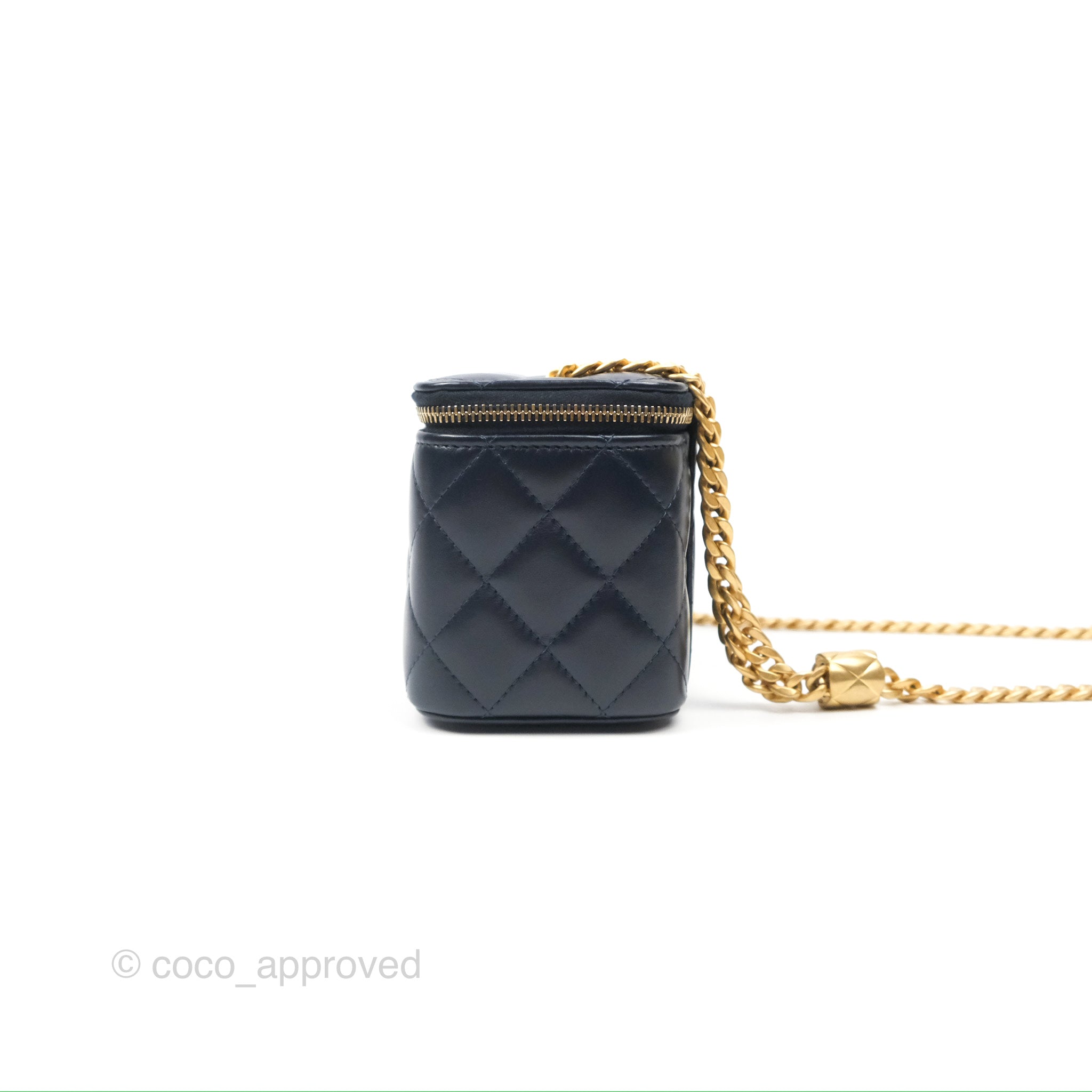 Chanel Navy Lambskin Adjustable Chain Slide Vanity Bag with Aged Gold Hardware - Perfect for Evening Events, Travel & Luxury Fashion Accessories