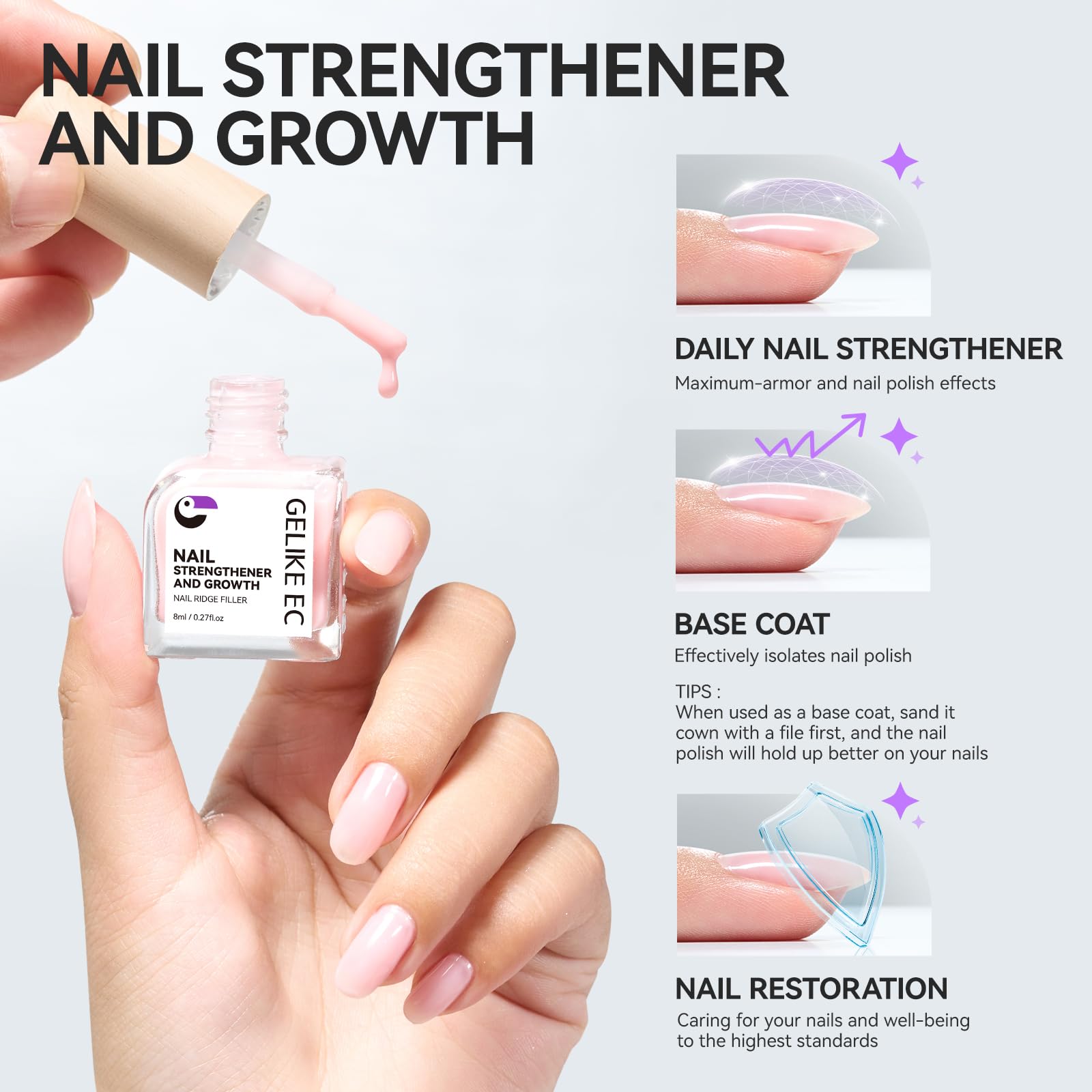 Gelike EC Nail Growth Treatment - Natural Nail Strengthener for Weak & Damaged Nails | Protein Nail Hardener | Home Salon & Outdoor Use | Milky Pink | Perfect for Manicures, Pedicures & Nail Care Routines