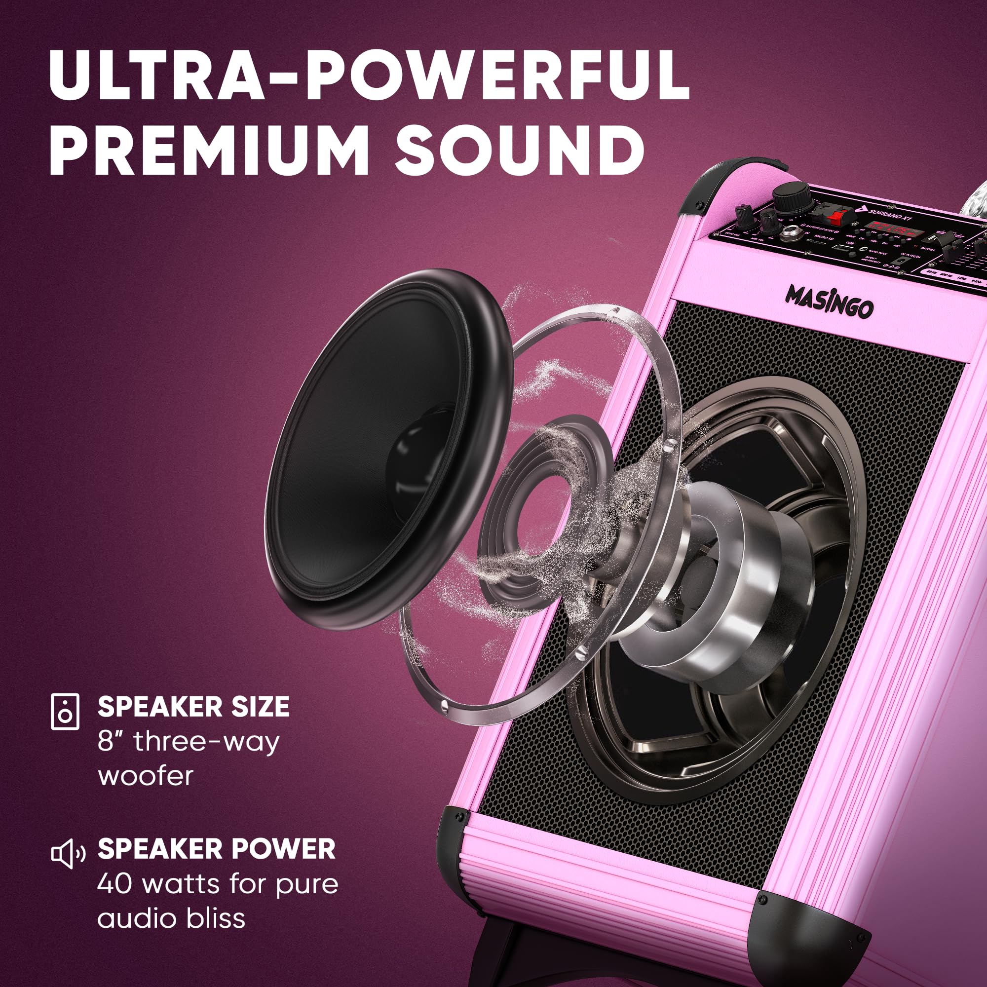 MASINGO X1 Karaoke Machine with Bluetooth Wireless Microphones - Portable PA Speaker System with Disco Lights, Lyrics Display & TV Cable for Home Parties, Family Gatherings & Kids Entertainment (Soprano X1 Model)