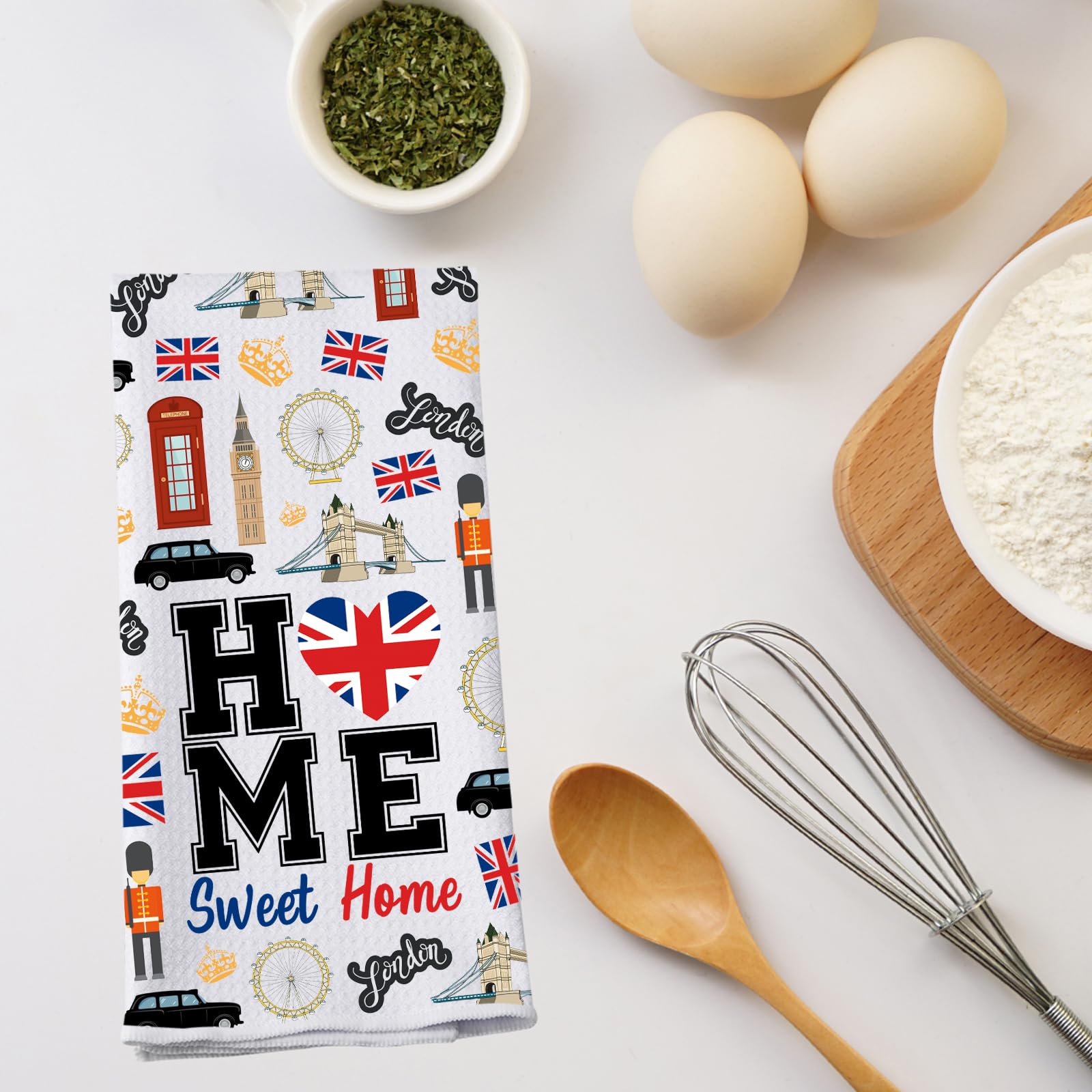 PWHAOO London Themed Kitchen Towel - Home Sweet Home Tea Towel with London Symbols, Perfect Gift for London Lovers - Ideal for Kitchen Decor, Tea Time & Housewarming Gifts
