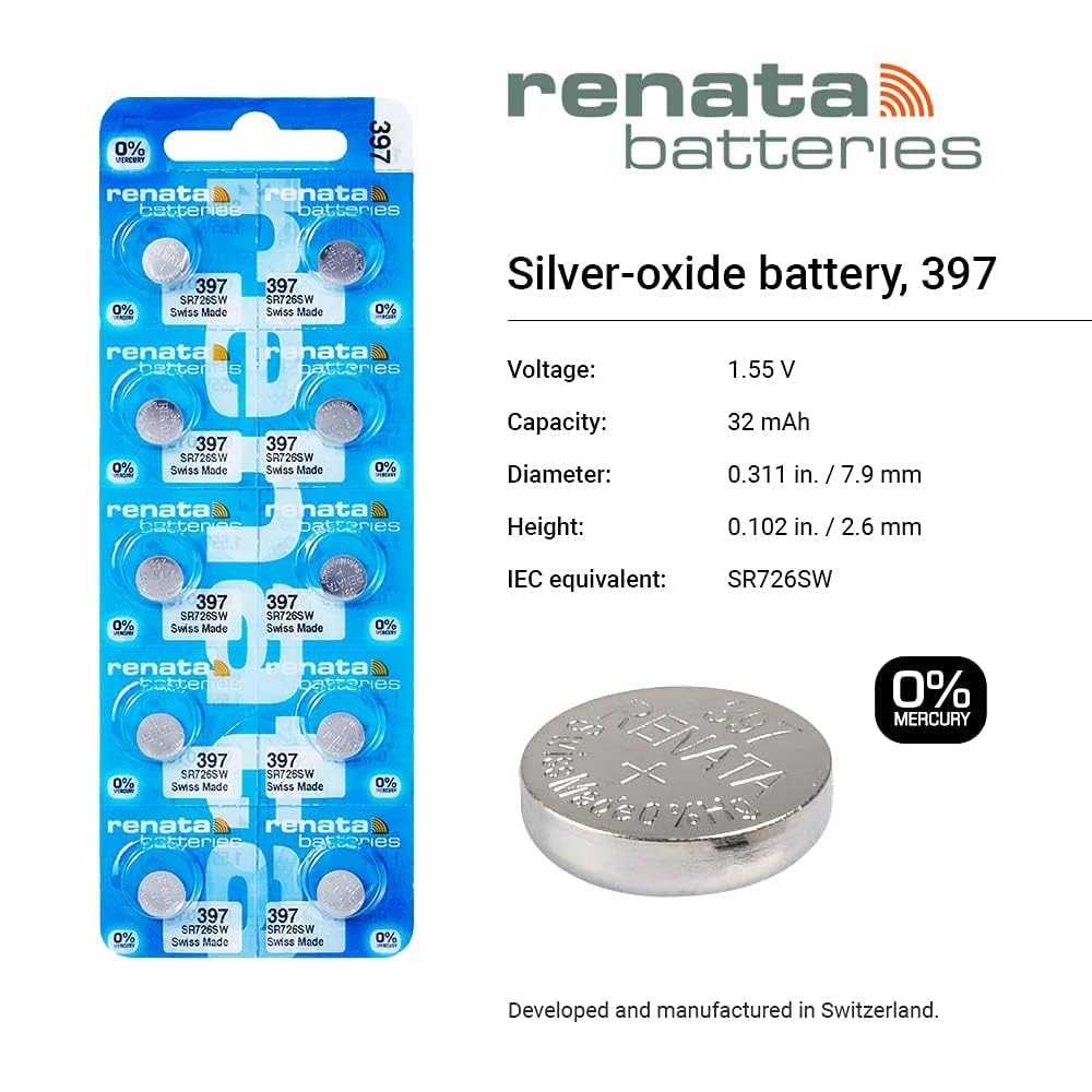 Renata 397 Silver Oxide Button Cell Watch Battery (1 Piece) - Long-Lasting Power for Watches, Calculators, and Small Electronics