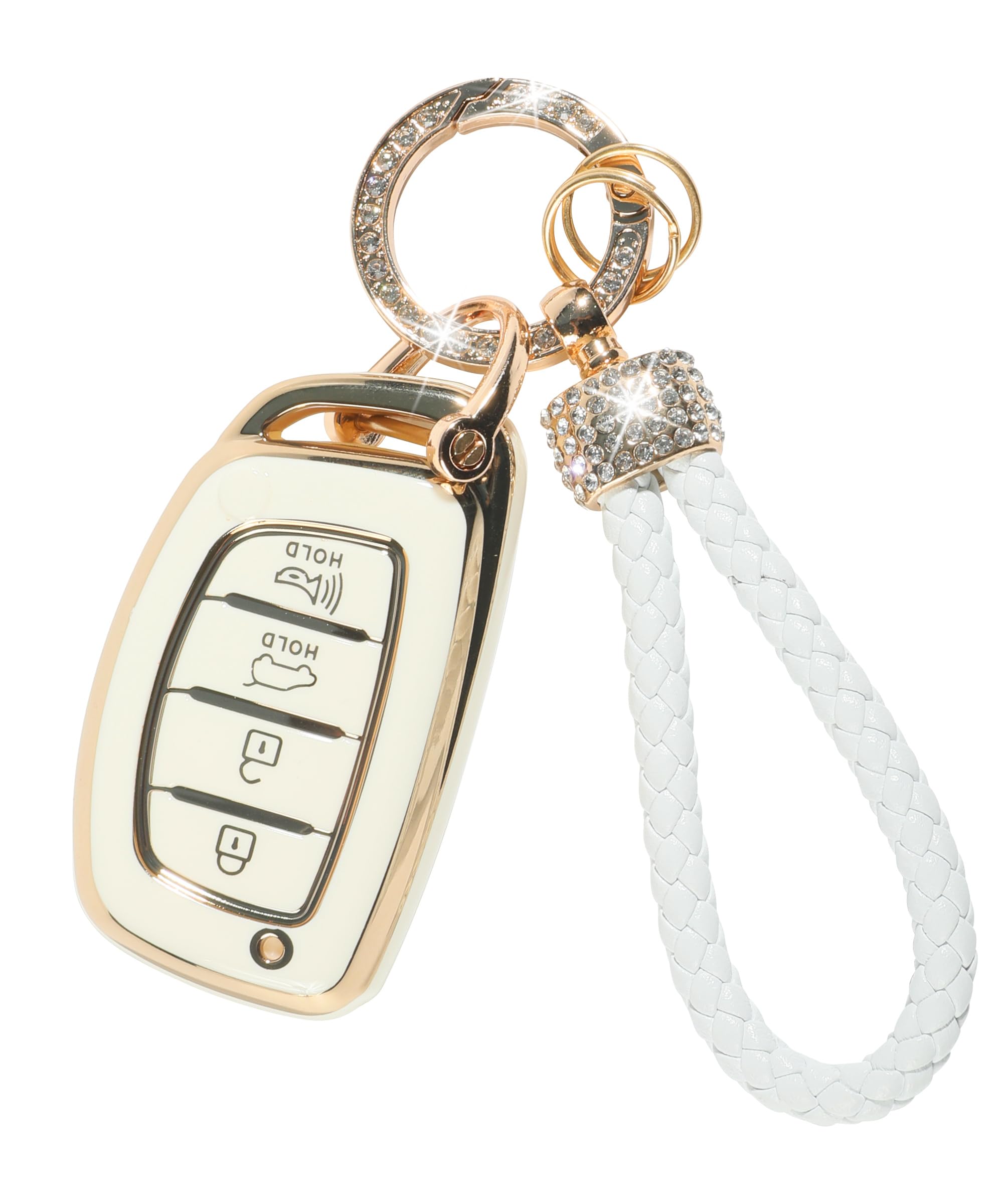 RACOONA Car Key Cover - Universal Smart Key Protector Case with Keychain | Compatible with Hyundai & Most Car Models (4 Button, White) | Durable Shell Protection for Key Fobs - Perfect for Daily Use, Travel & Key Organization