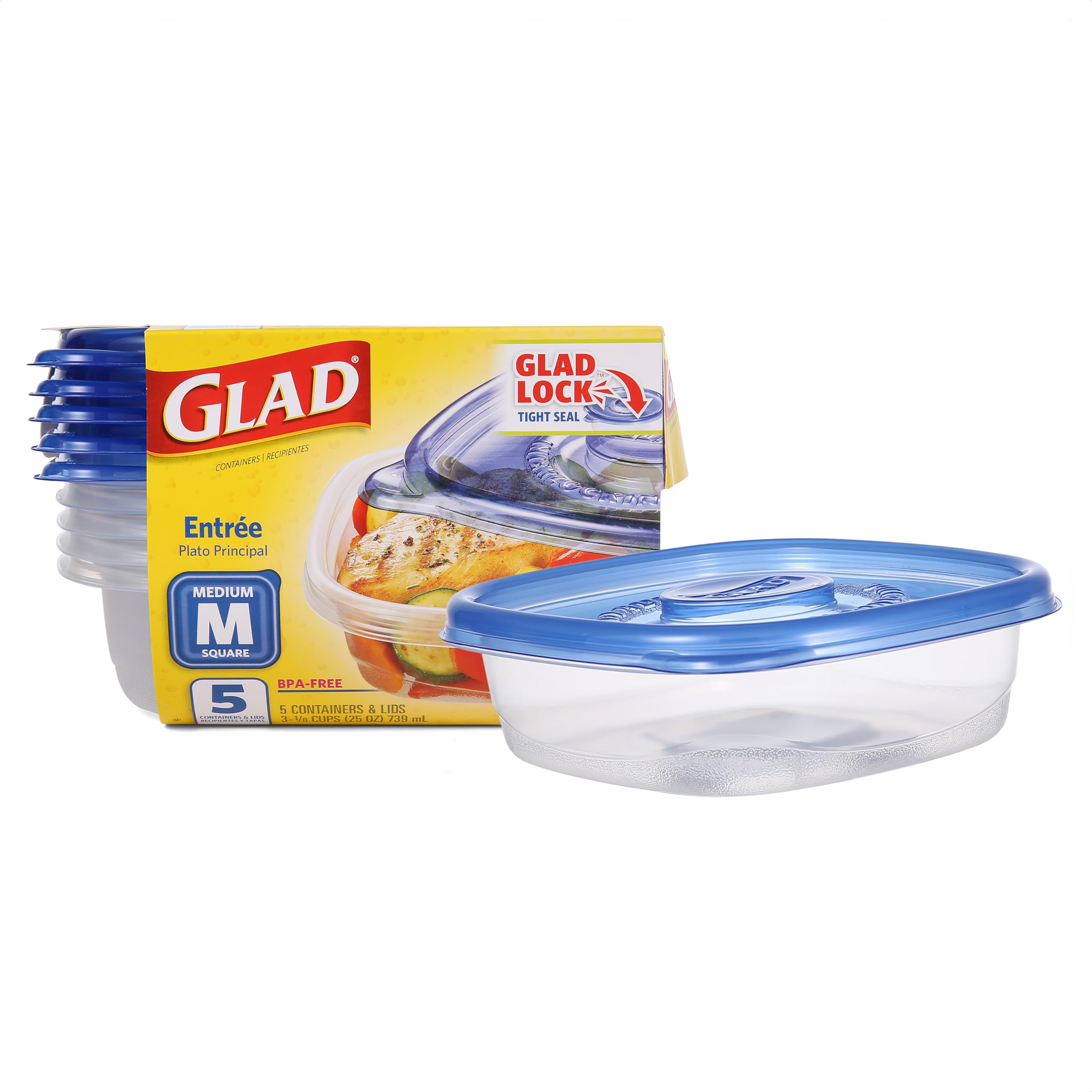 Glad Medium Square Food Storage Containers 5-Pack (25 Oz) | BPA-Free, Leak-Proof, Stackable Plastic Containers for Meal Prep, Leftovers & Pantry Organization | Blue & Clear Standard Food Storage Containers for Home, Office & Picnics