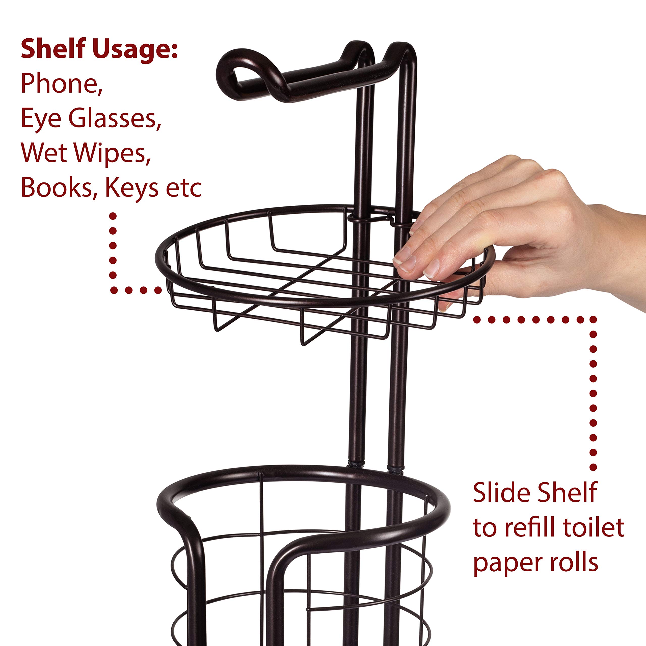 Free Standing Toilet Paper Holder with Storage Shelf - Bronze Bathroom Tissue Dispenser & Organizer - Perfect for Small Bathrooms, Powder Rooms, and RVs