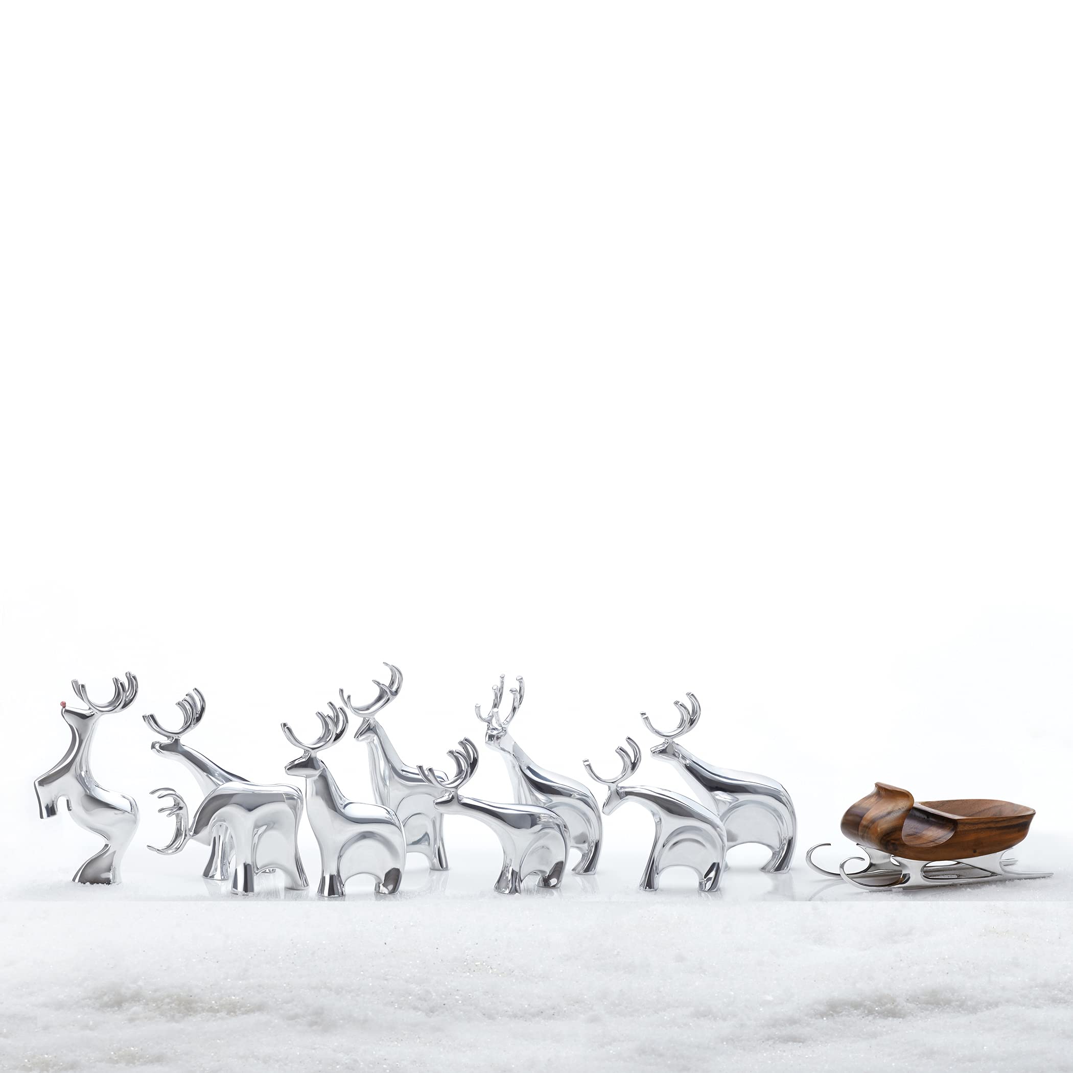 Nambe Christmas Sleigh with Reindeer Figurine Set - 3-Piece Metal Alloy & Acacia Wood Holiday Decor for Mantels, Tables, and Winter Wonderland Displays - Perfect for Christmas Home Decoration, Gift Giving, and Seasonal Festive Cheer