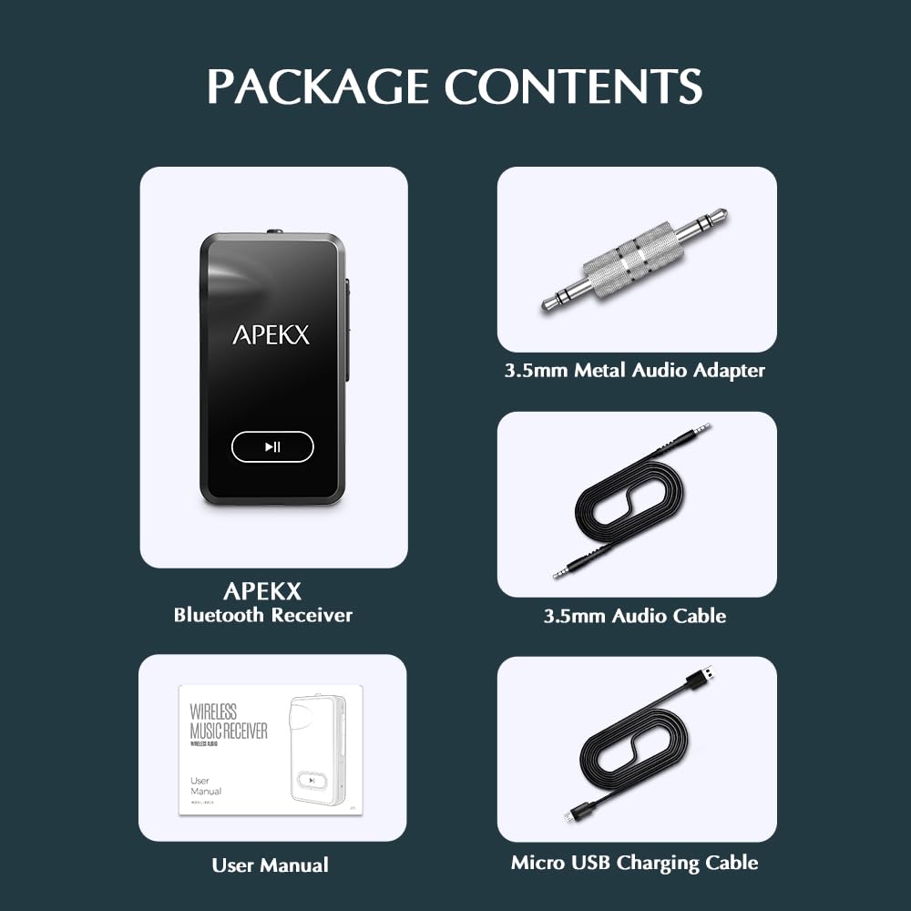 APEKX Bluetooth Car Adapter, Wireless Hi-Fi Audio Receiver with 3.5mm AUX Port & 15-Hour Battery Life for Home Stereo (Black) - Perfect for Hands-Free Music Streaming in Car, Office, or Home Audio Systems