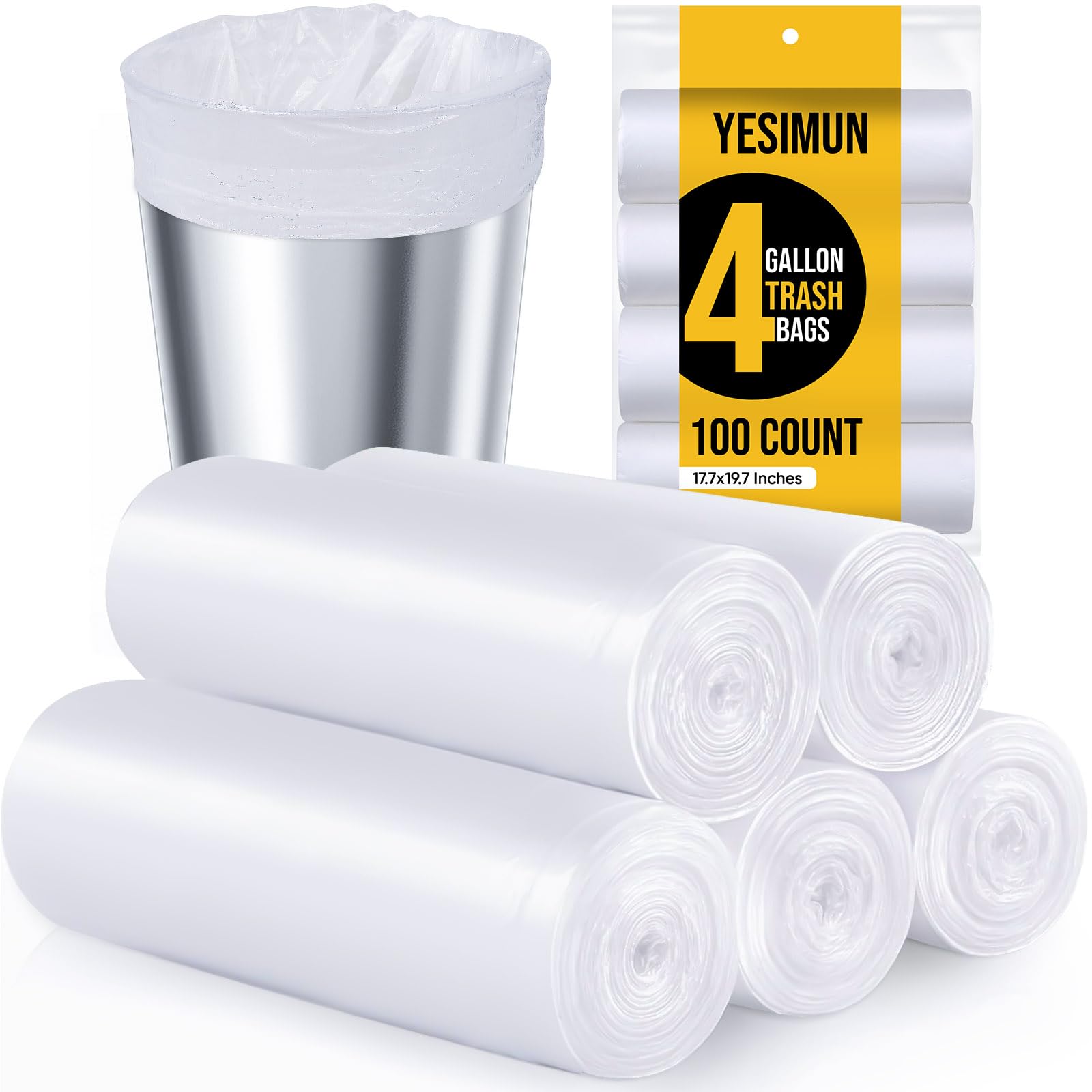 4 Gallon Small Trash Bags - 100 Count Thickened & Strong Trash Can Liners for Bathroom, Kitchen, Office | Unscented White Garbage Bags for Small Waste Bins & Compact Spaces