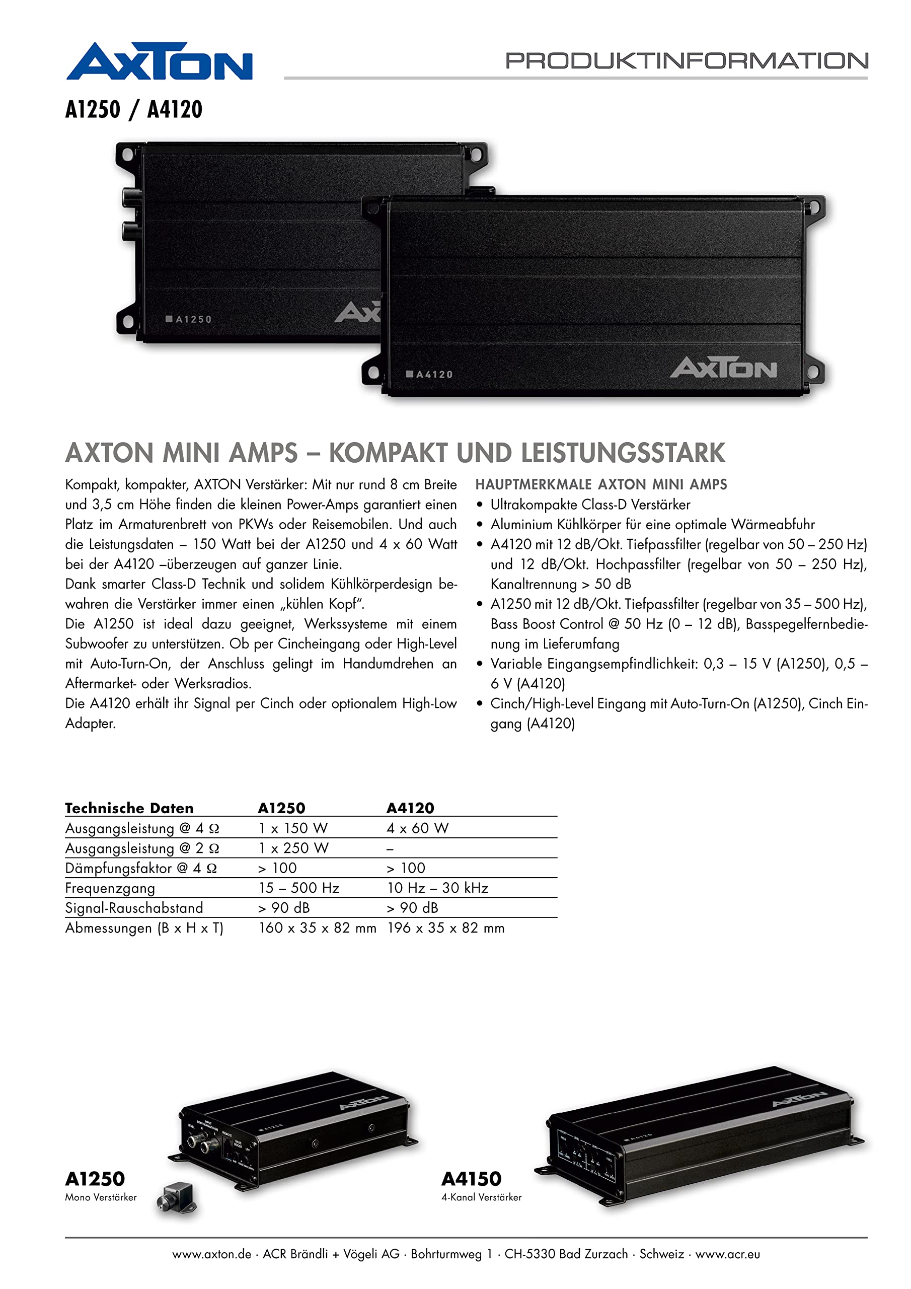 AXTON A1250 Ultra Compact 1 Channel Mono Digital Car Amplifier - 150W Class D Mini Bass Amp with High Level Input, 2 Ohms Stable for Cars, Trucks, Motorhomes - Perfect for Upgrading Car Audio Systems & Bass Enhancement
