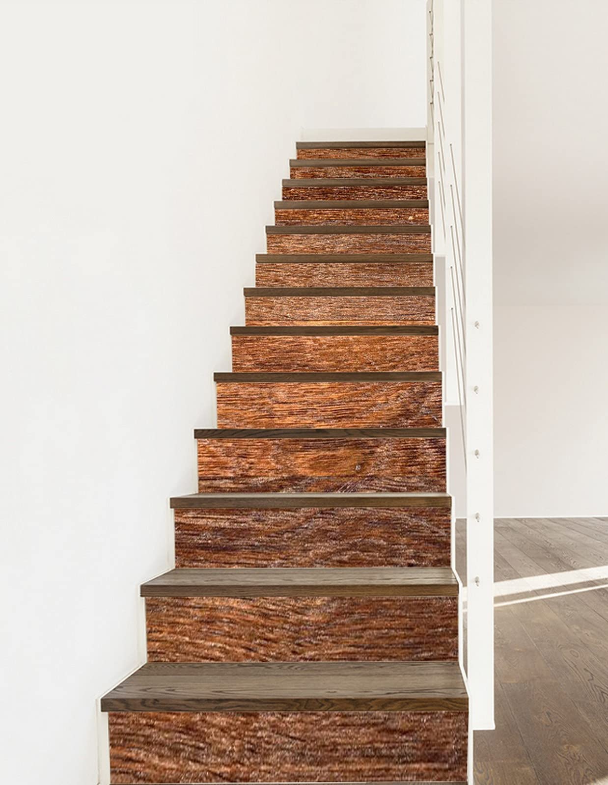 3D Self-Adhesive Removable Wood Texture Stair Stickers - 13-Piece Vinyl Decals for Stair Risers, Kitchen Tiles & Wall Murals | Realistic Grunge Wood Plank Design for Home Decor & DIY Projects