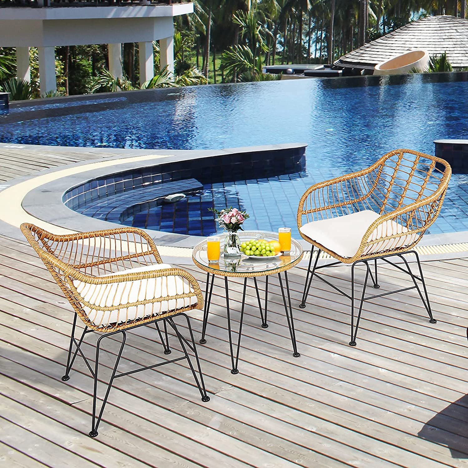 Topment 2-Piece Bistro Set with Rattan Chairs & Tempered Glass Table - Outdoor Patio Furniture with Removable Washable Beige Cushions - Perfect for Cafe, Balcony, Poolside, Garden, and Indoor Use (Pale Brown)