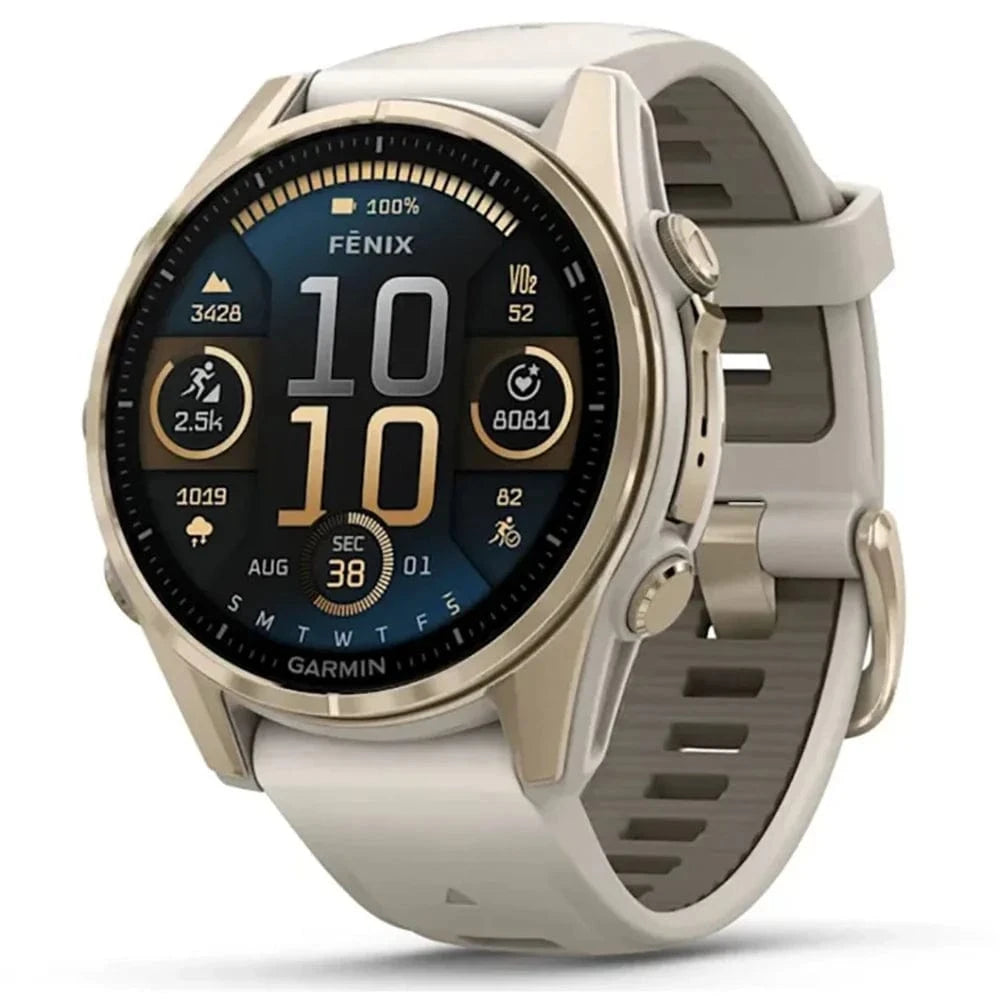 Garmin Fenix 8 Smartwatch 43mm AMOLED Display with Sapphire Lens - Soft Gold Case & Fog Gray/Dark Sandstone Silicone Band - GPS, Heart Rate Monitor for Running, Hiking, Swimming & Outdoor Activities