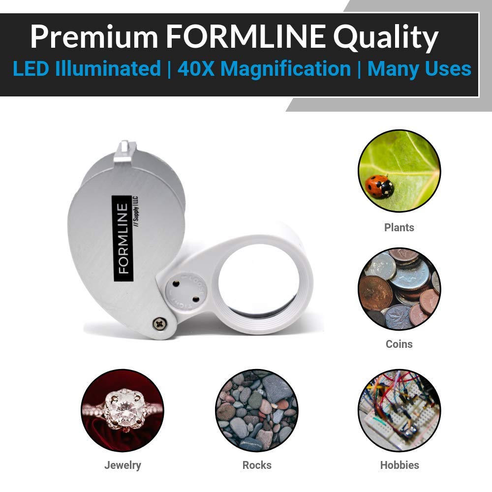 40X LED Illuminated Jewelers Loupe Magnifier with Light - Professional Trichome Scope for Gardening, Jewelry Appraisal, Coin & Stamp Collecting, Watch Repair - Perfect for Hobbyists, Scientists & Antique Enthusiasts (Silver/White) - Ideal for Close-up Inspection of Plants, Gems & Small Details