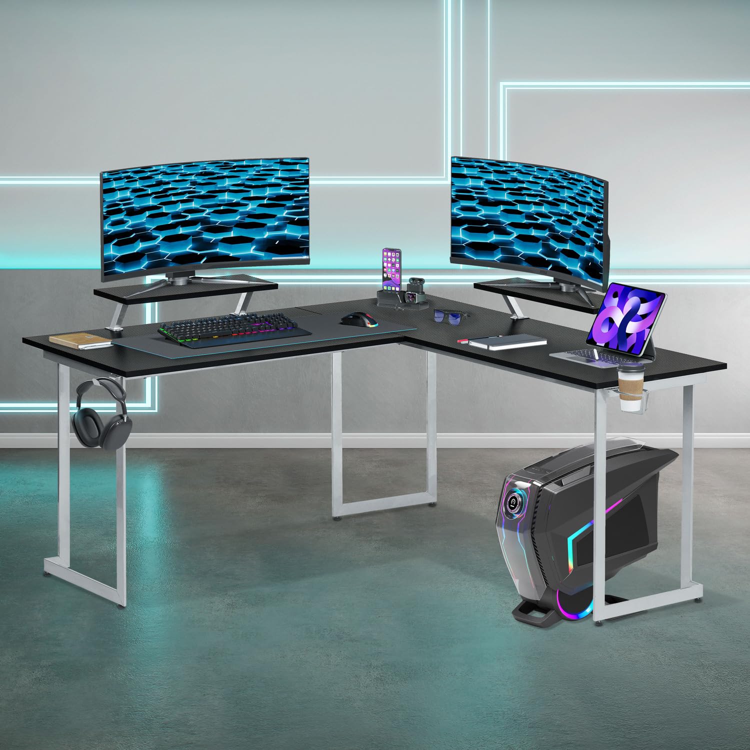 Warrior L-Shaped Gaming Desk - Black MDF Top & Steel Frame for Home Office