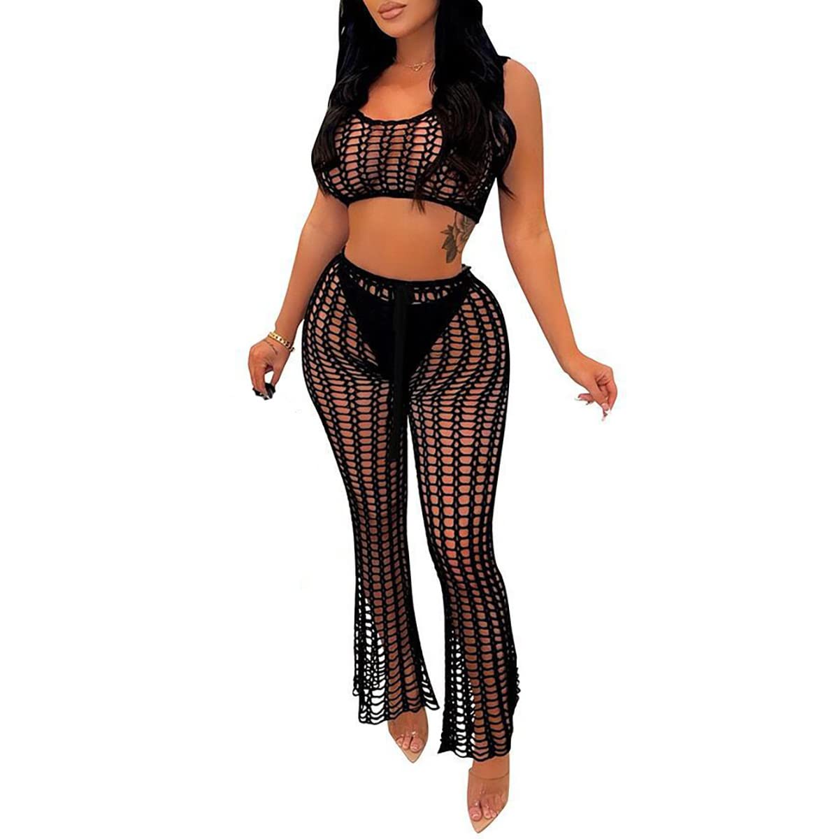 MEYOLDBH Women's Summer Sleeveless Off Shoulder Sexy Slim Fit Hollow Out Knit Hand Hook Casual Two Piece Set - Perfect for Beach Vacation, Date Night & Summer Outings