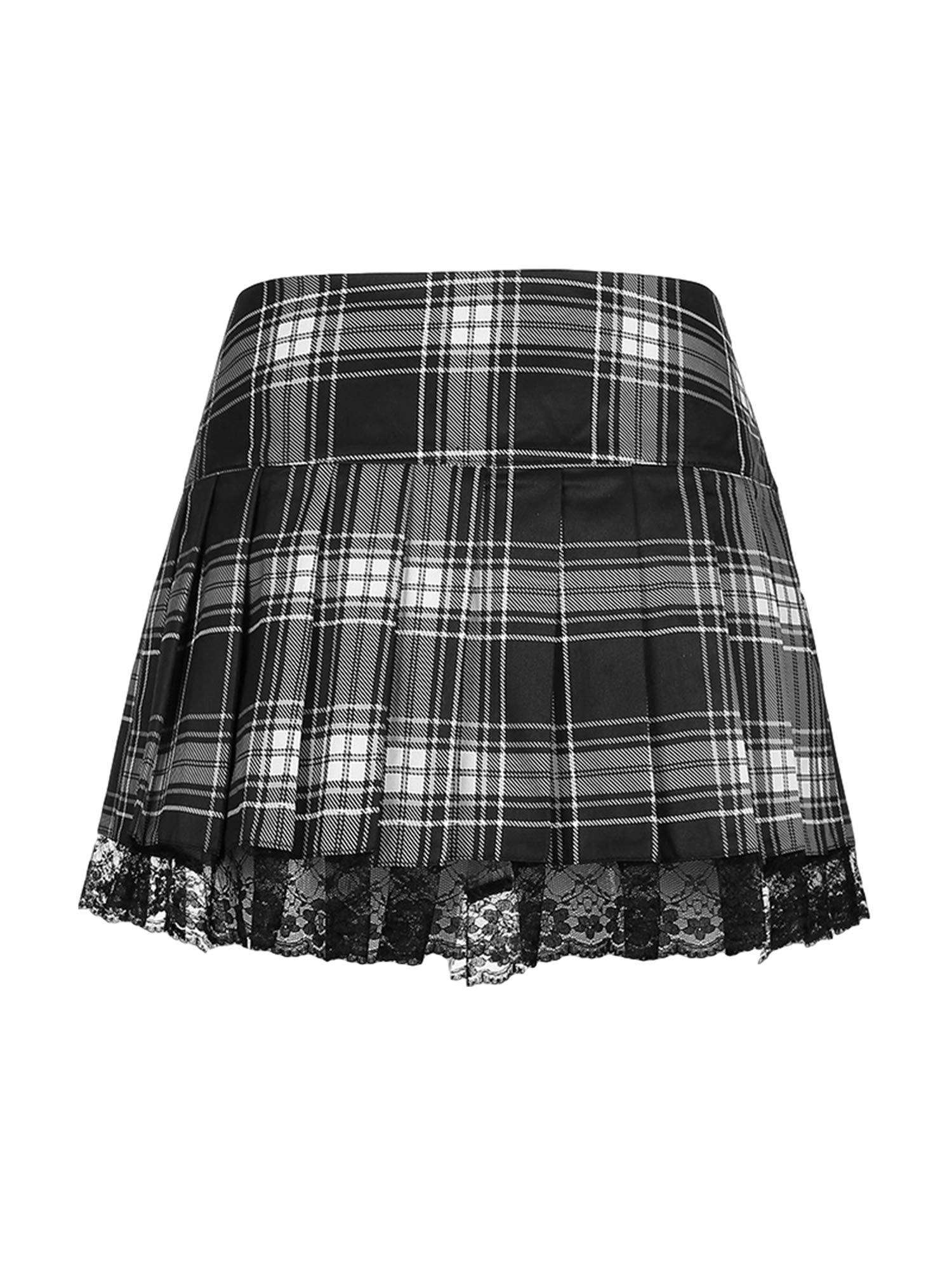 Y2K Women's Lace Patchwork Mini Pleated Skirt - High Waist Lace-Up Ruffle Short Skirt, Harajuku Goth Style (Black Plaid, Size S) | Perfect for Streetwear, Cosplay & Alternative Fashion Outfits