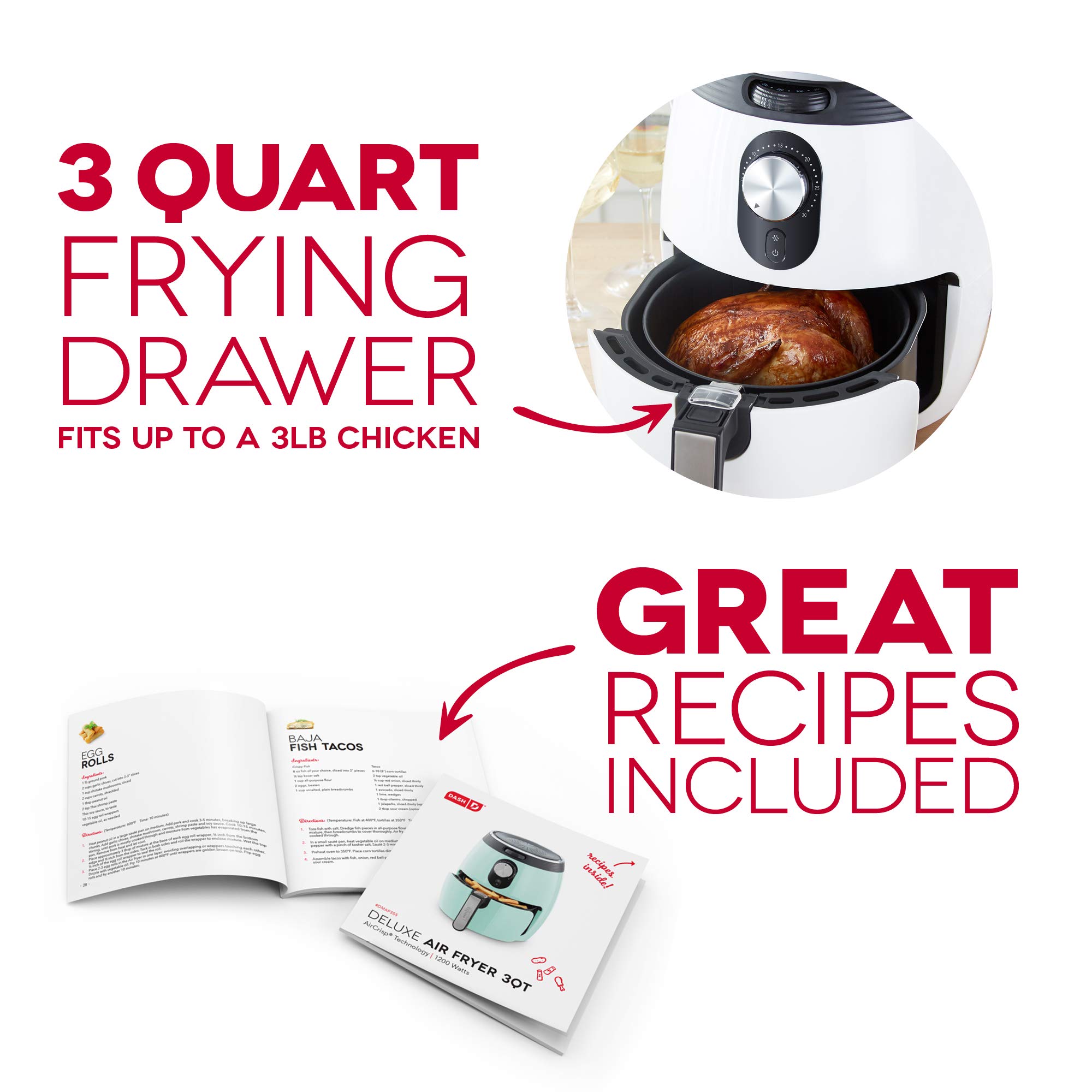 Dash Deluxe 3-Quart Electric Air Fryer Oven with Temperature Control, Non-Stick Basket & Auto Shut-Off - 1200W White Countertop Cooker for Healthy Frying, Baking, Roasting - Perfect for Small Kitchens & Quick Meals