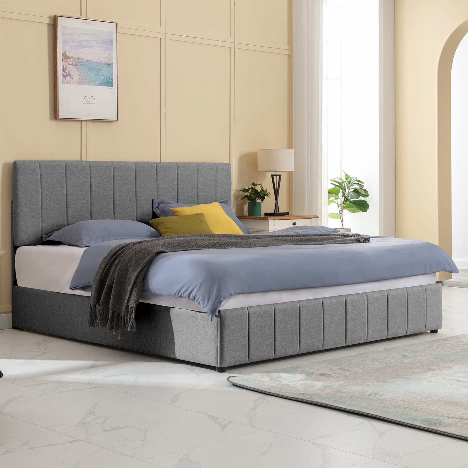 BALUS Queen Bed Frame with Storage - Hydraulic Lifting Platform Bed with Upholstered Wingback Headboard, Modern Floating Cloud Bed Frame (No Box Spring Needed) - Perfect for Small Bedrooms, Guest Rooms & Apartment Living