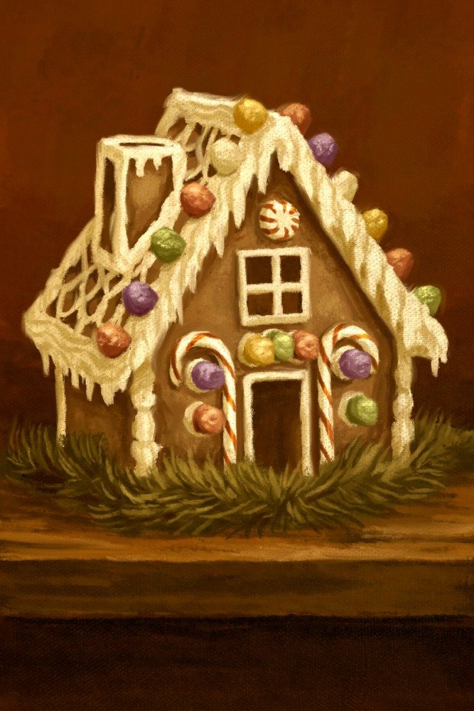 Gingerbread House Christmas Oil Painting - 36x54 Giclee Gallery Print, Holiday Travel Poster Wall Art Decor for Living Room, Bedroom & Office