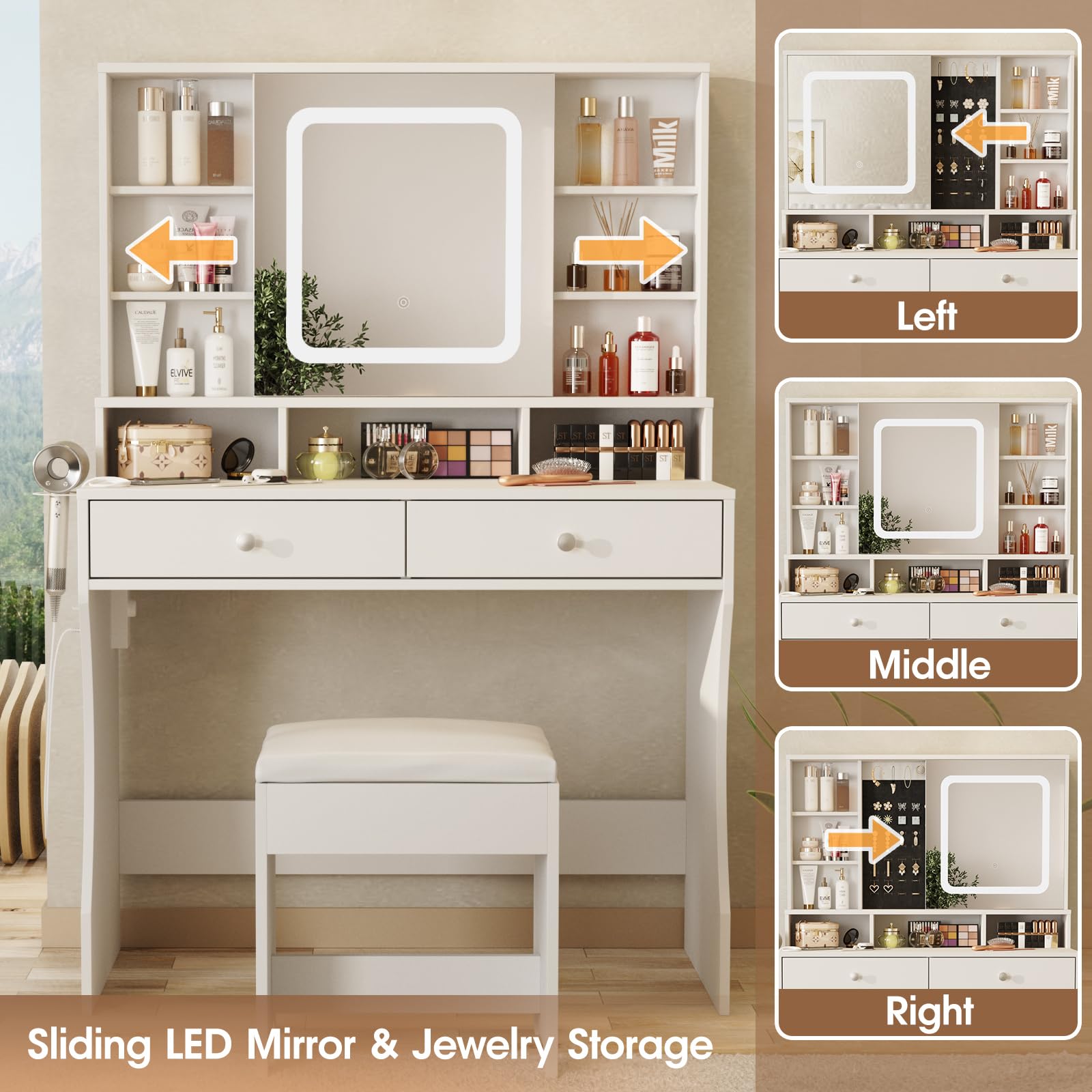 Vabches White Vanity Desk with LED Lights & Mirror - Makeup Dressing Table with Sliding Mirror, Jewelry Storage & 2 Drawers - Perfect for Bedroom, Dressing Room & Home Beauty Station