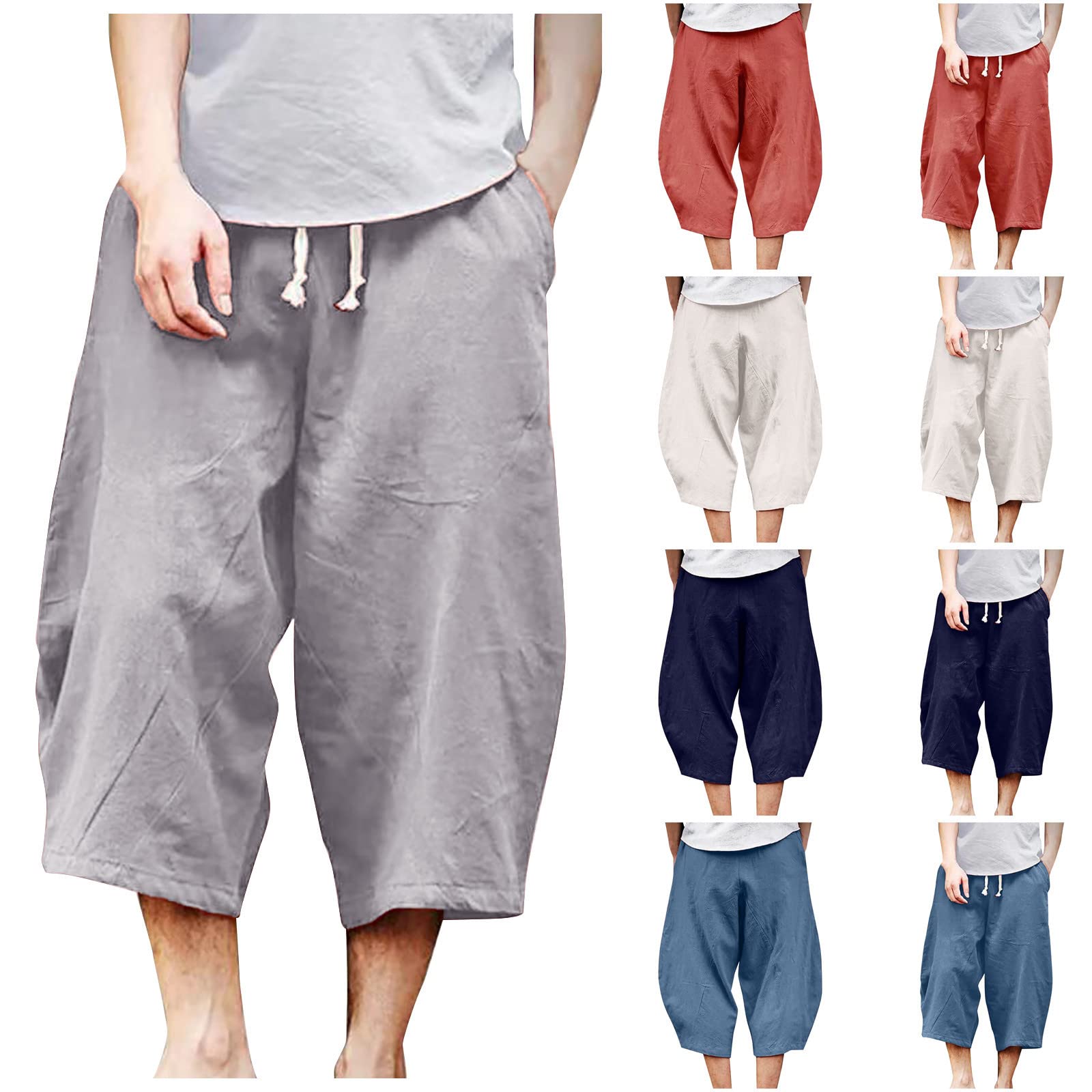 **Men's Cotton Linen 3/4 Capri Pants - Below Knee Loose Fit Summer Joggers with Elastic Drawstring - Tapered Casual Yoga Shorts for Running, Workout & Lounge**