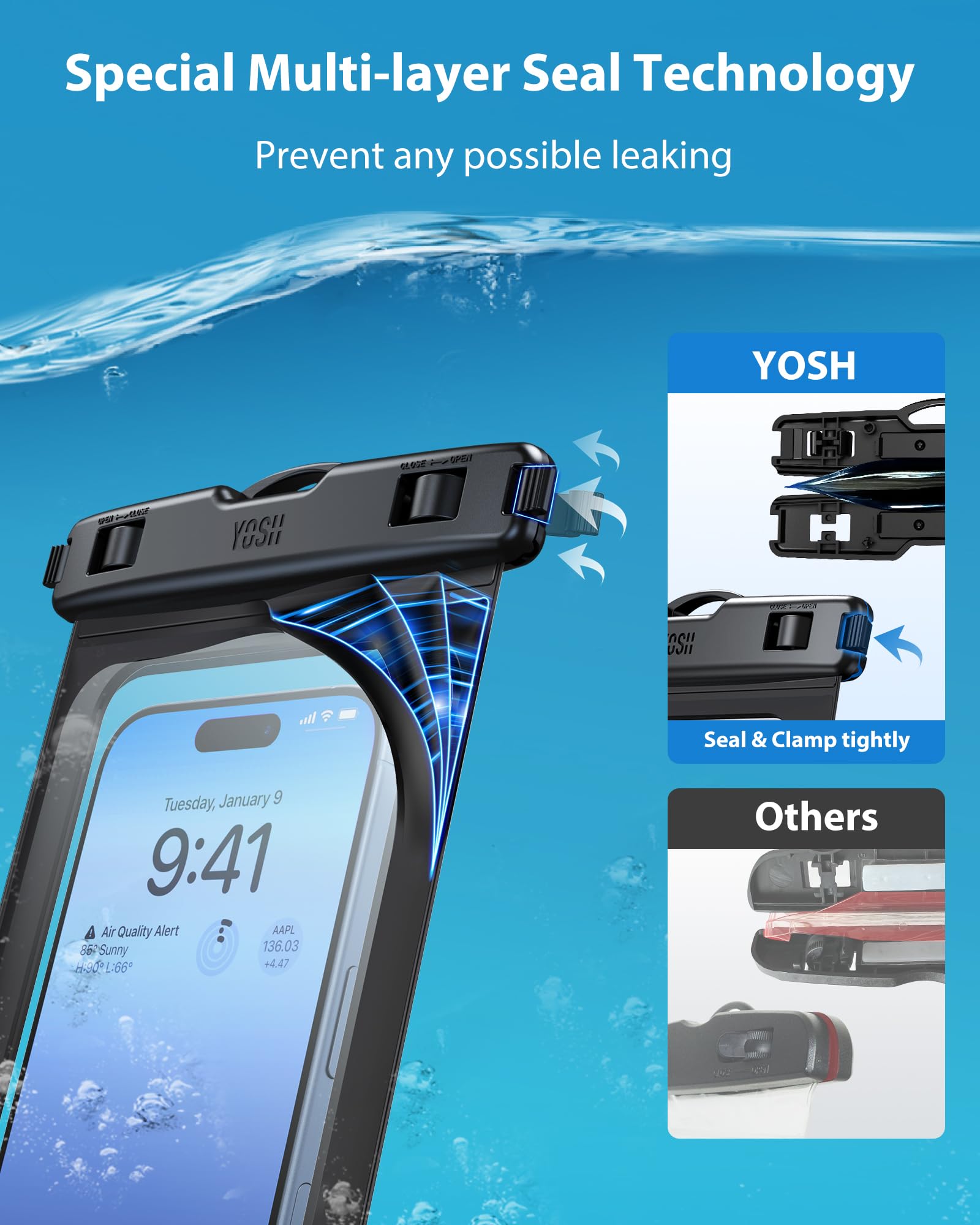 YOSH IPX8 Waterproof Phone Case for iPhone 16/15/14/13/12/11 Pro Max/XS/XR/X/SE & Samsung S24/S23/S22/A15/A55 & Xiaomi Redmi - Universal Waterproof Pouch up to 6.8 Inches - Perfect for Swimming, Beach, Kayaking & Outdoor Activities - Black