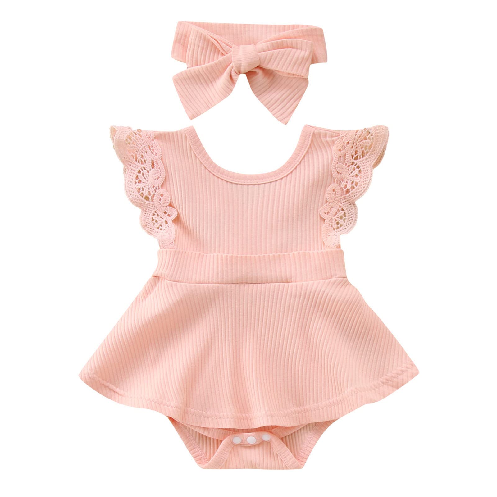 Newborn Baby Girl Lace Backless Romper Bodysuit - Pink Ribbed Dress for 0 Months - Perfect for Spring Photoshoots, Family Outings & Special Occasions