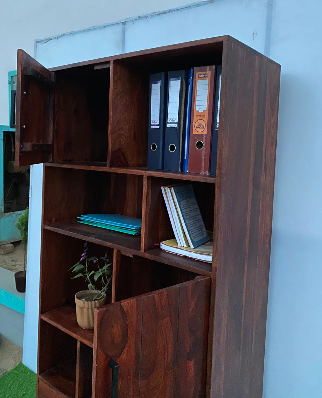 Gfine Solid Sheesham Wood Bookshelf with 2 Doors & 2 Drawers - 86x40x183cm - Stylish Home Office & Living Room Storage Solution