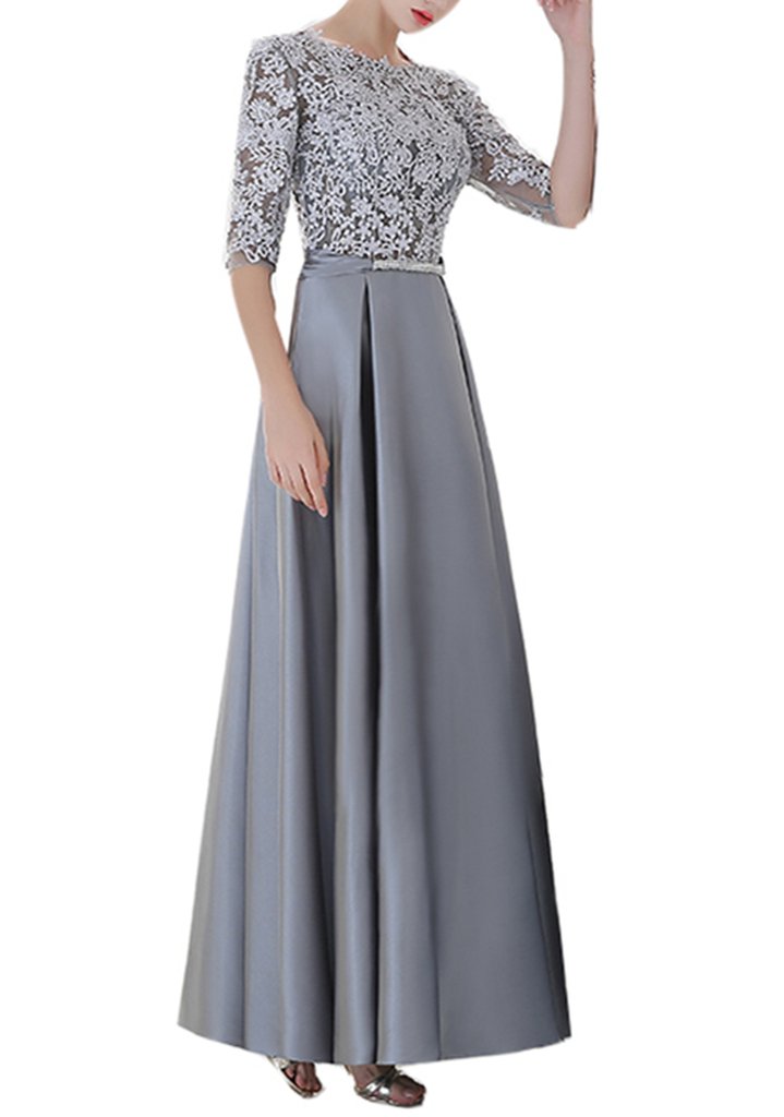 Emanni Women's Elegant Silver Applique Long Sleeve Formal Evening Gown - Perfect for Prom, Wedding Guest, and Black Tie Events
