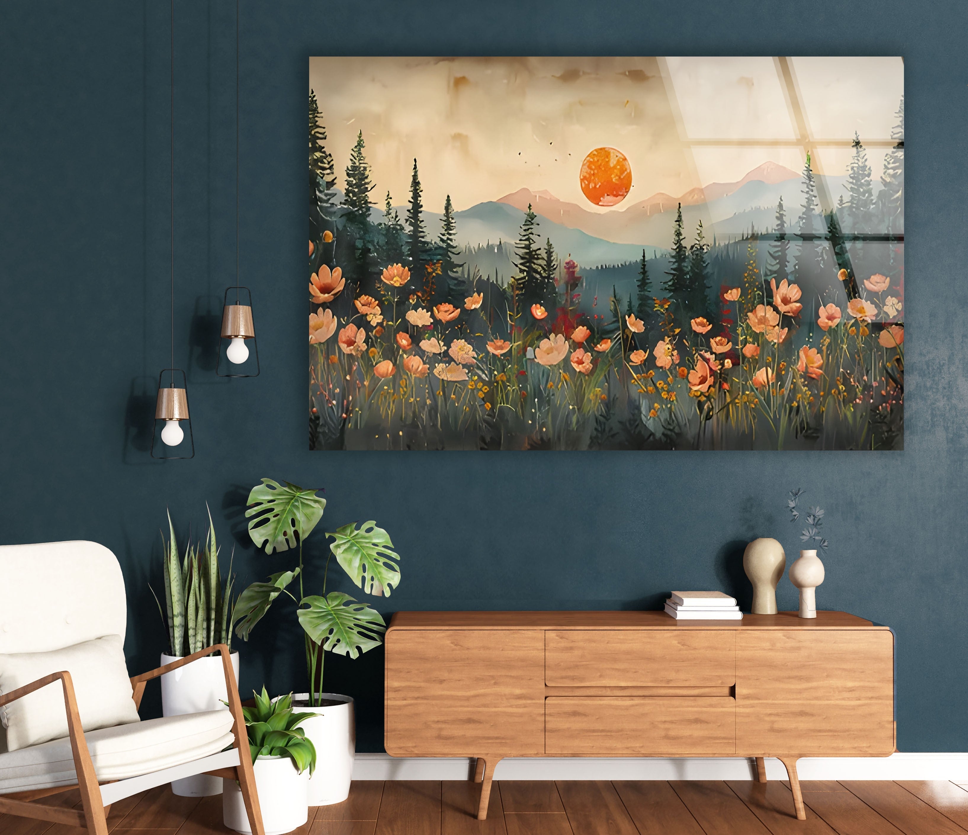 Blood Moon Sunset Glass Wall Art - Handmade Modern Home Decor for Living Room, Bedroom & Office - Perfect for Gifts & Interior Design