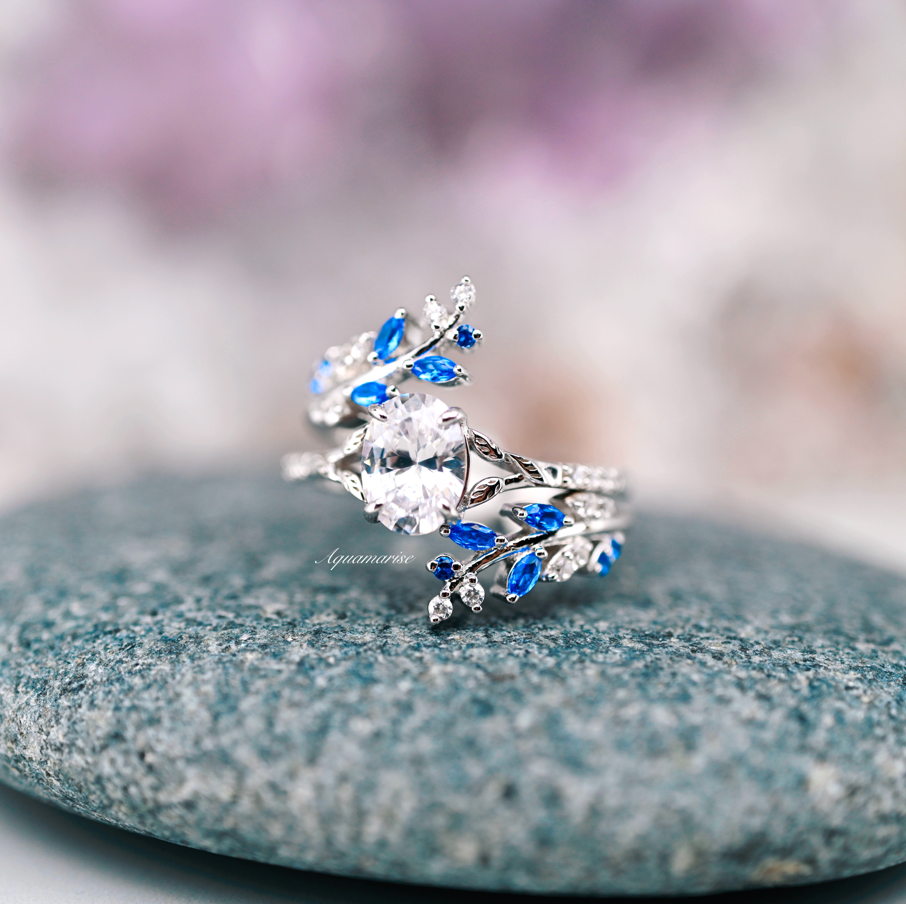 Lab Grown Diamond & Sapphire Leaf Ring Set in 14K White Gold - IGI Certified Jewelry for Women, Wedding, Anniversary & Special Occasion Gifts