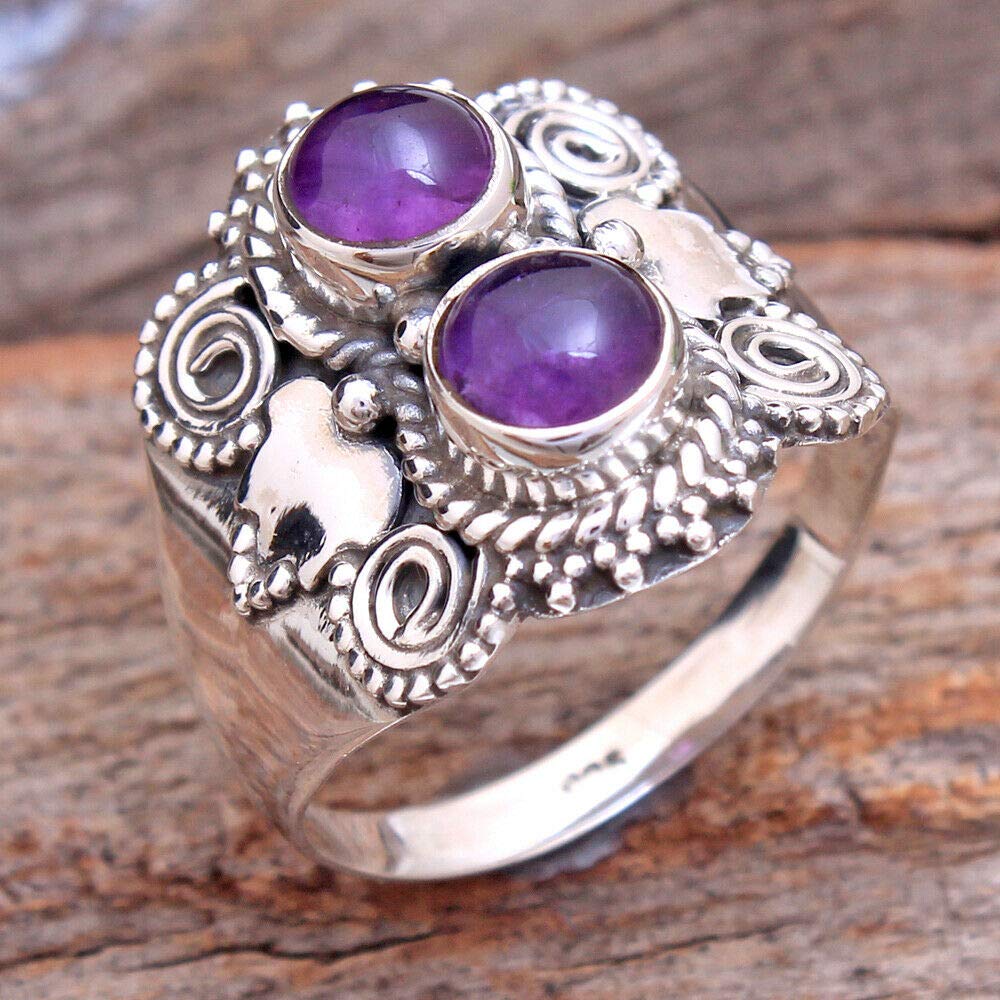 Amethyst 925 Sterling Silver Rings for Women | Purple Gemstone Bridesmaid Jewelry | Round Bezel Set Handmade 2-Stone Rings | Perfect for Weddings, Gifts & Special Occasions