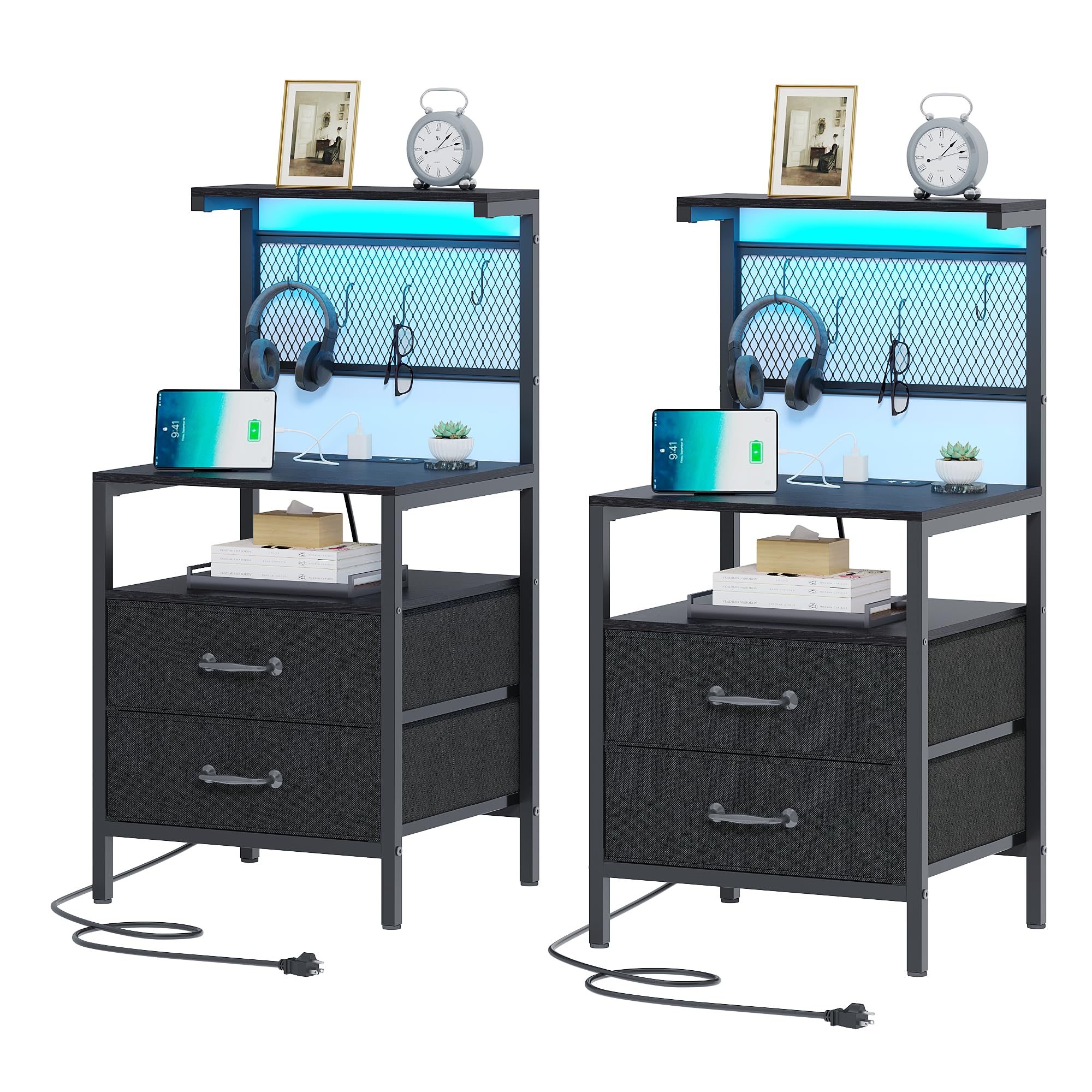 2-Piece Tall Nightstand Set with USB Charging Station & LED Lights - 36.4
