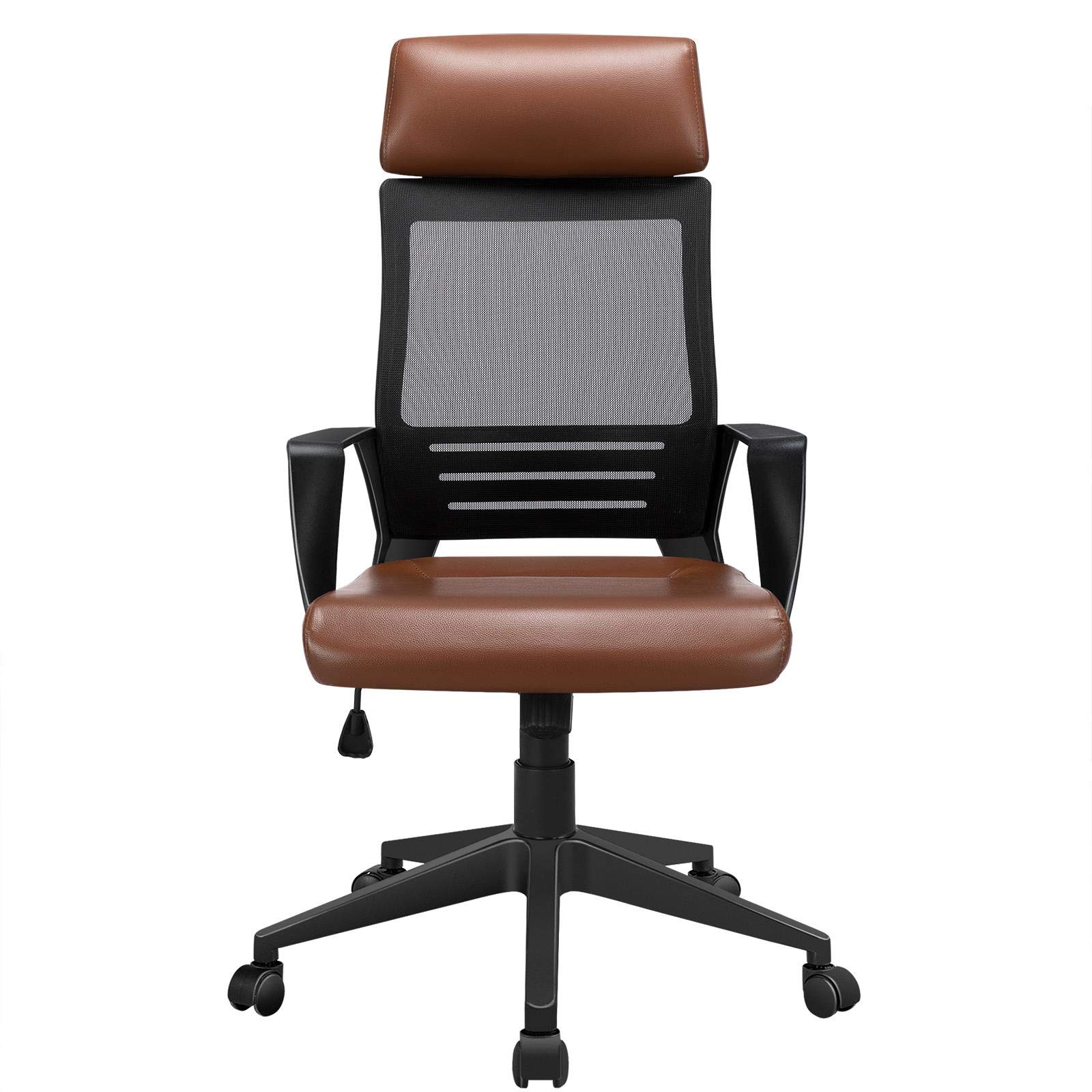 Topeakmart Ergonomic High Back Mesh Office Chair with Adjustable Height, Lumbar Support & Headrest - Leather Seat Executive Task Chair for Home Office, Meeting Room, Gaming & Workspace (Brown)