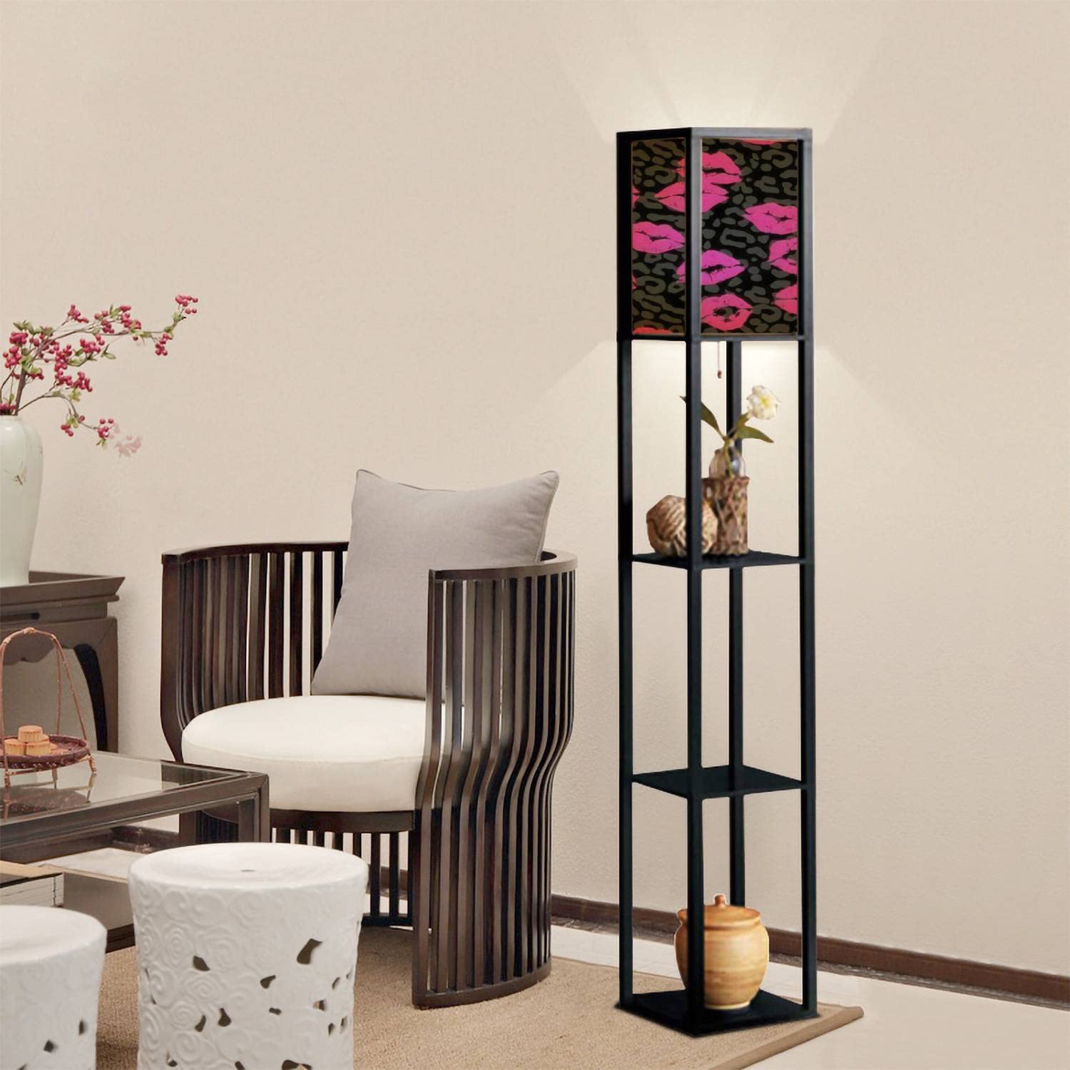 Seamless Repeat Standing Floor Lamp with Shelves & Flaxen Fabric Shade - Tall Corner Lamp for Living Room, Bedroom, Office - Modern Aesthetic Home Decor Lighting for Reading & Relaxation