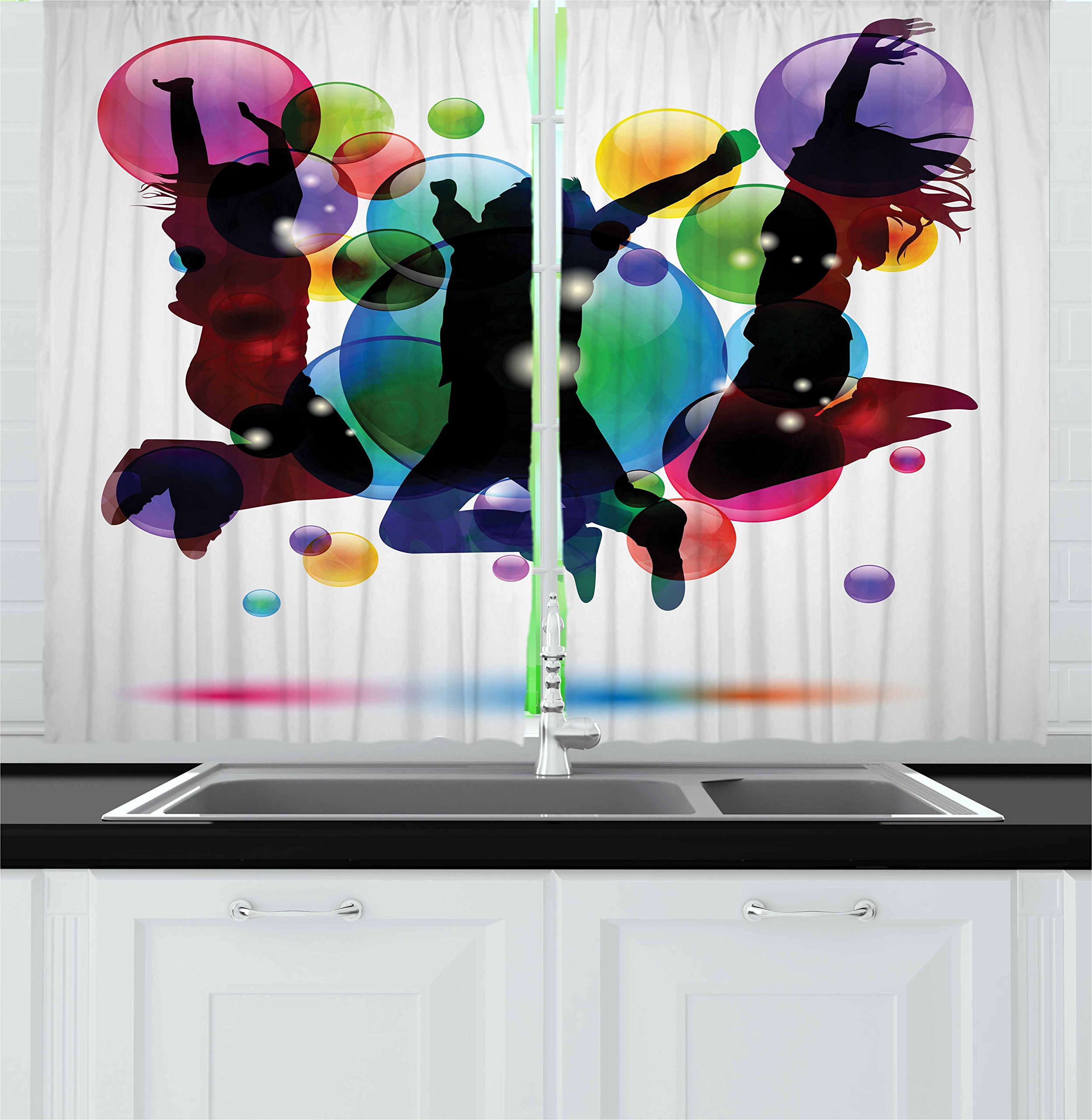 Ambesonne Youth Kitchen Curtains - Colorful Happy Teenagers Jumping with Bubbles Party Design, 2-Panel Set for Window Decor, 55