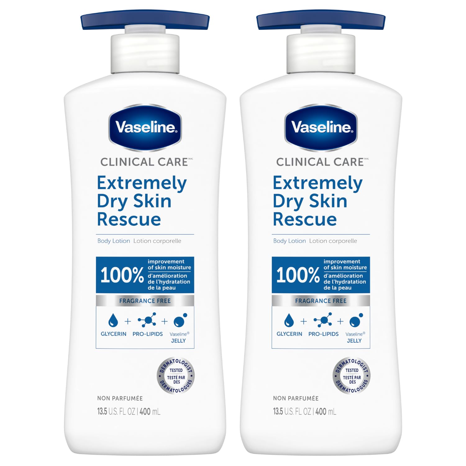 Vaseline Clinical Care Extremely Dry Skin Rescue Body Lotion - Fast-Absorbing Moisturizer with Glycerin & Hydrating Lipids for Women & Men, 13.5 Oz (Pack of 2) - Ideal for Daily Hydration, Cracked Skin Relief & Winter Care