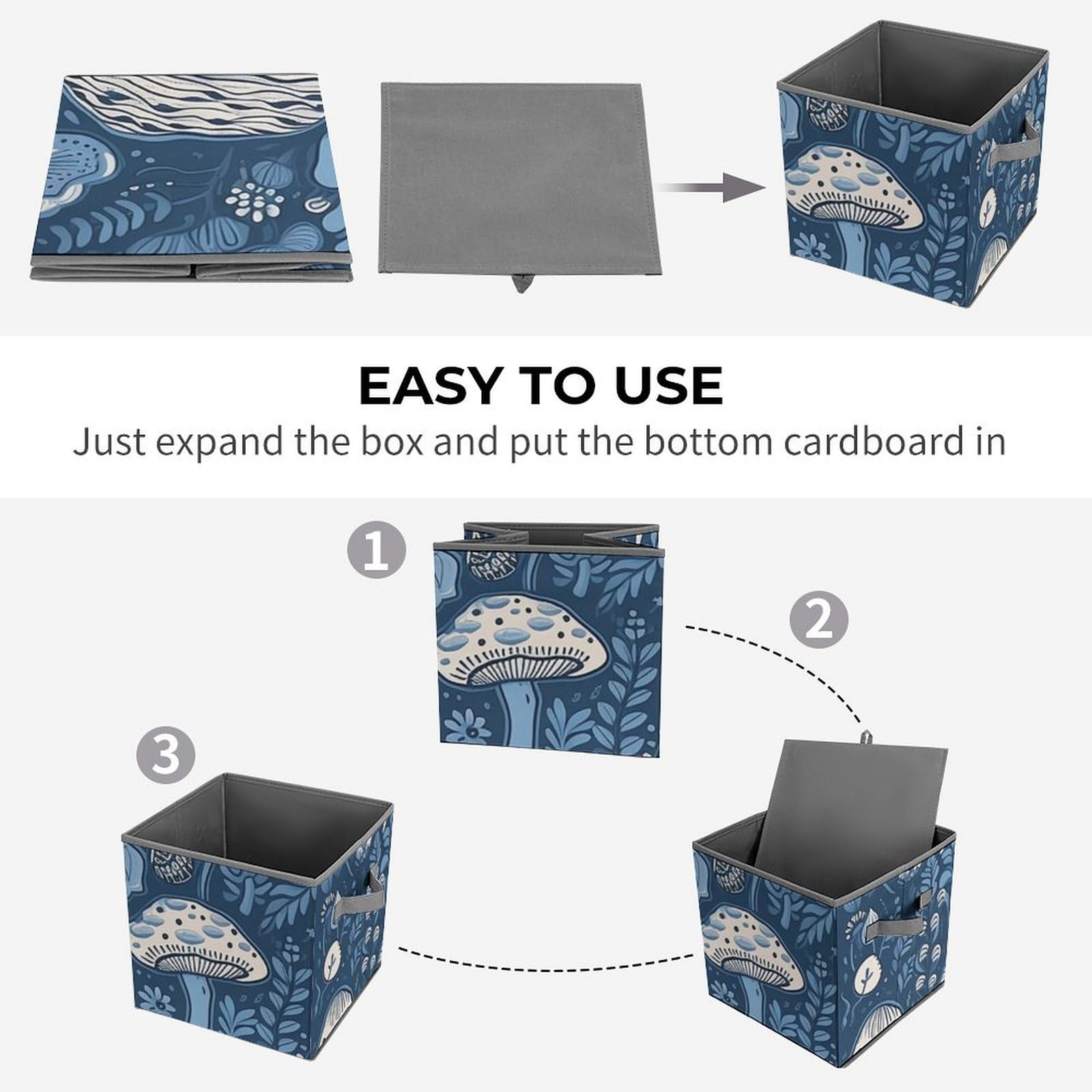 Collapsible Storage Bins with Handles - Blue Mushroom Printed Organizing Baskets for Home & Office