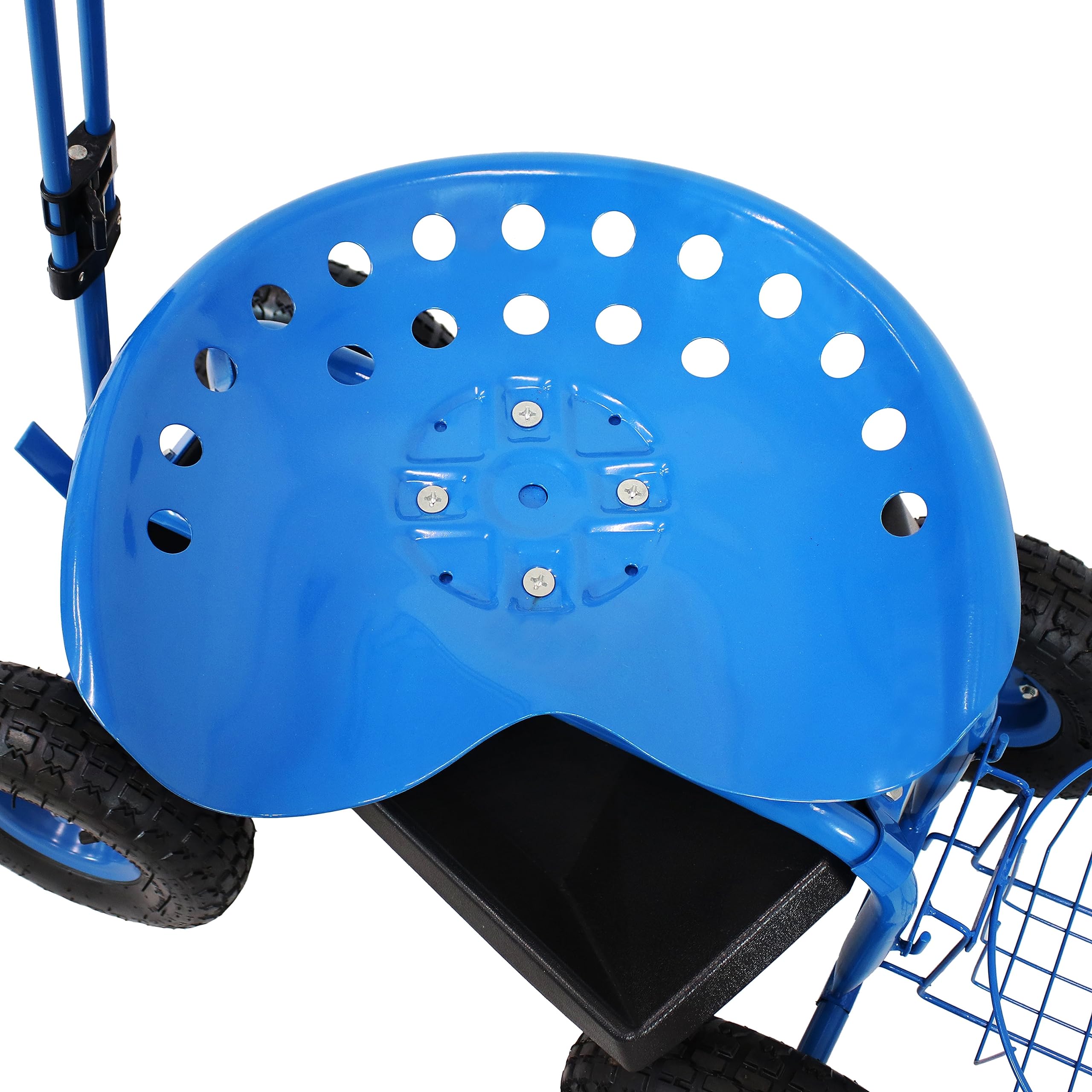 Sunnydaze Rolling Garden Stool with Wheels - Extendable Steer Handle, Swivel Seat & Utility Tool Tray - Blue Outdoor Gardening Seat for Planting, Weeding & Yard Work