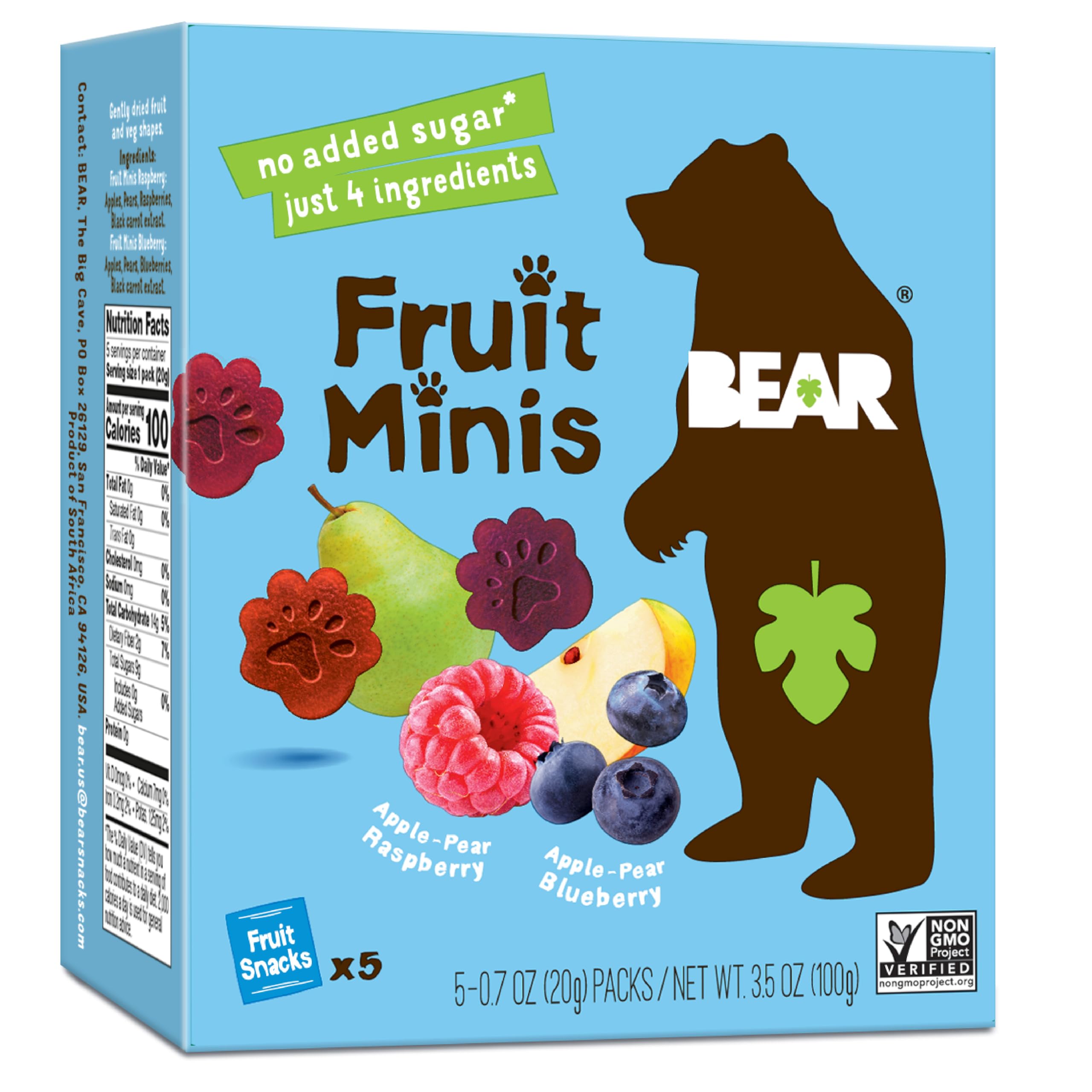 BEAR Real Fruit Snack Minis - Raspberry & Blueberry, No Added Sugar, All Natural, Non-GMO, Gluten Free, Vegan, Bite-Sized Healthy Snacks for Kids (3.5 oz) - Perfect for Lunchboxes, After-School Treats & On-the-Go Snacking