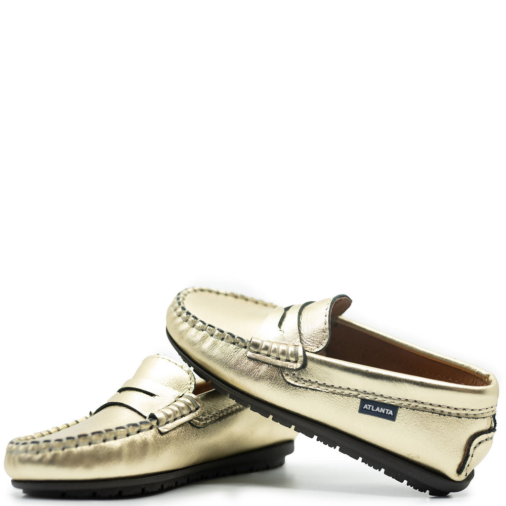 Stylish Atlanta Moccasin Metallic Gold Penny Loafers for Men & Women - Comfortable Slip-On Dress Shoes for Office, Wedding & Casual Wear