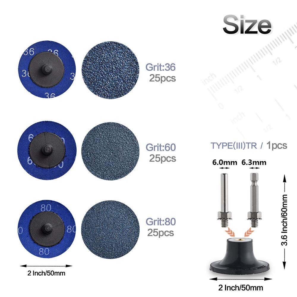 NYXCL Miroku 75-Piece 2-Inch Quick Change Disc Set - Zirconia Sanding Discs with 1/4