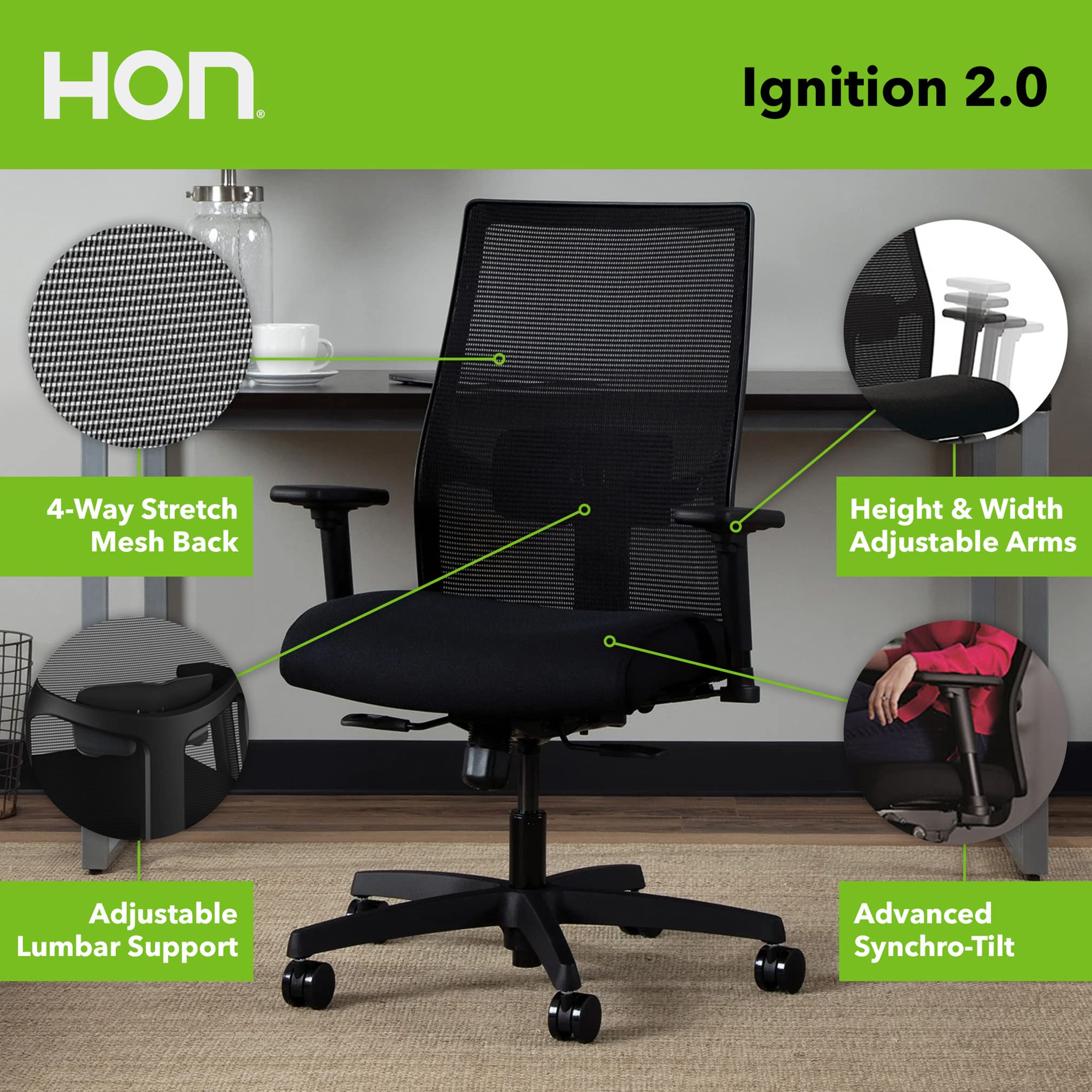 HON Ignition 2.0 Ergonomic Office Chair - Adjustable Lumbar Support & Armrests, Seat Slide Mechanism, High Back Support with Cushion, Swivel Wheels, Black - Perfect for Home Office, Gaming & Workspace Comfort