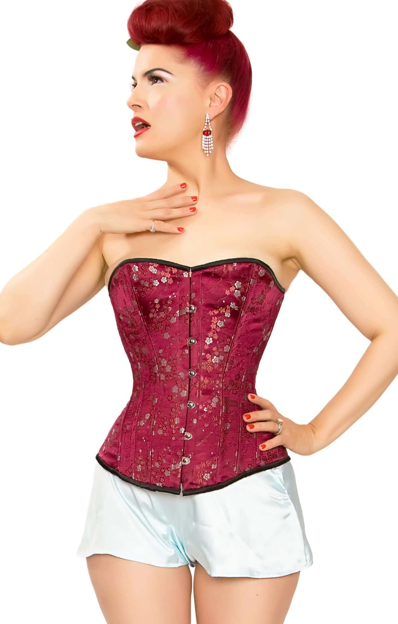 Playgirl Wine Floral Brocade Steel Boned Corset - Vintage Waist Trainer for Women, Plus Size Corset Top for Burlesque, Cosplay & Evening Wear
