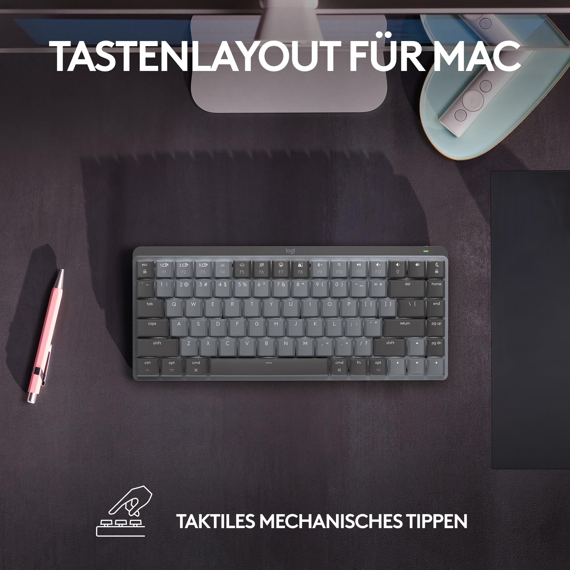 Logitech MX Mechanical Mini Wireless Keyboard for Mac - Backlit, Low-Profile Keys, Tactile Silent Switches, Bluetooth, USB-C, German QWERTZ Layout (Space Gray) - Perfect for Apple MacBook, iPad & Office Work