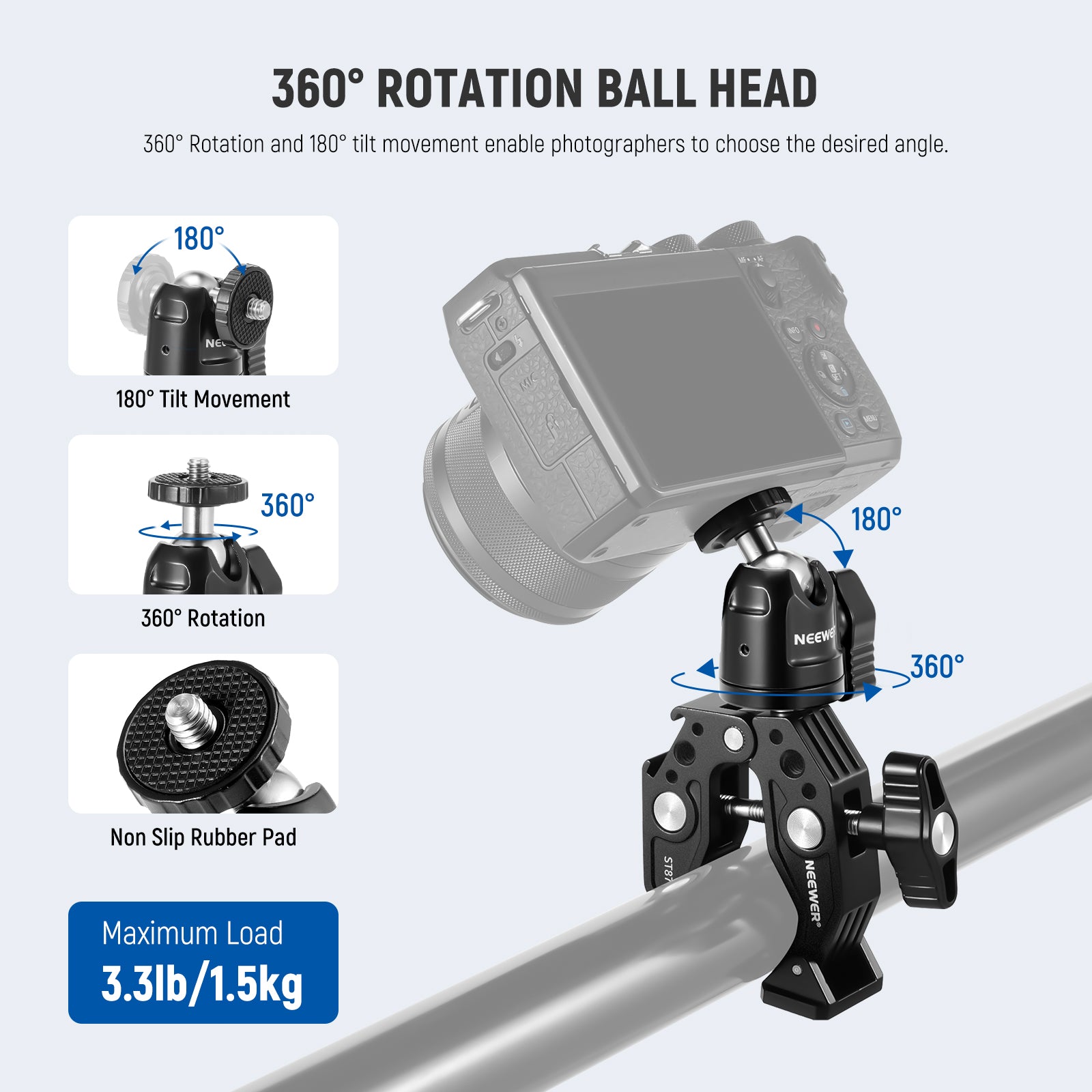 NEEWER ST87 Heavy Duty Super Clamp with 360° Ballhead - Perfect for Camera, Lighting, and Studio Equipment Mounting