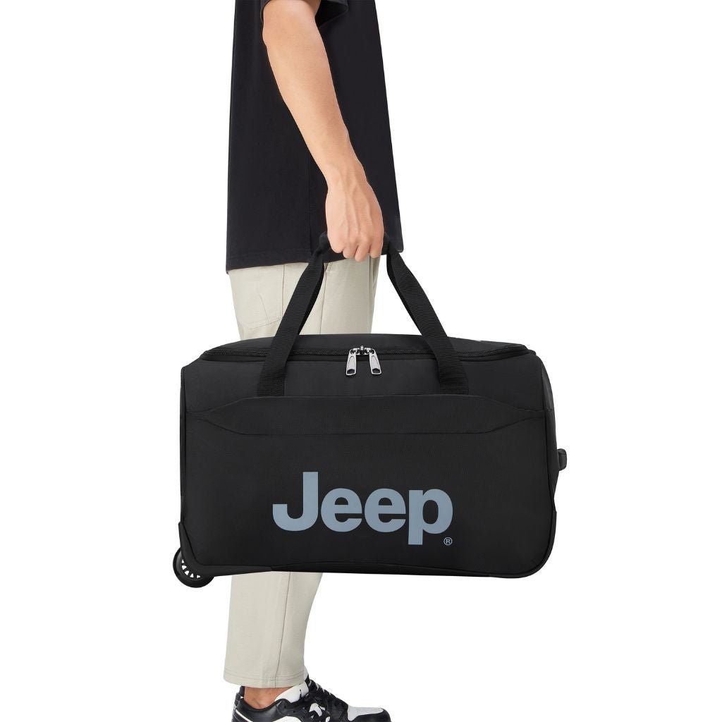 Jeep 55cm Duel Wheel Lightweight Duffle Bag - Black | Water-Resistant Travel Duffel for Gym, Camping & Weekend Getaways