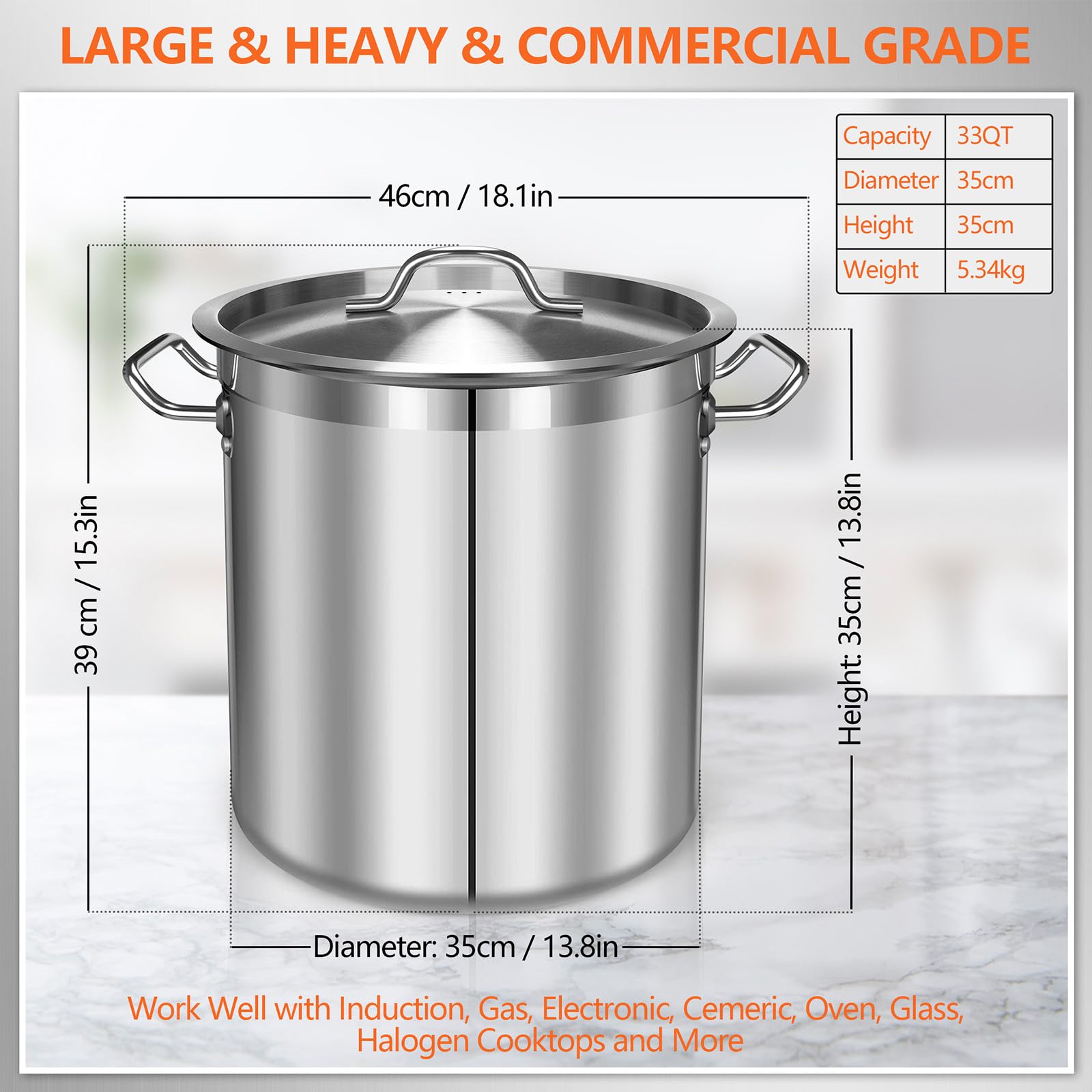 35 Quart Stainless Steel Stock Pot with Lid - Large Induction Compatible Cooking Pot for Soups, Stews, Pasta & Pozole - Perfect for Home Kitchens & Commercial Restaurants - Great for Meal Prep, Catering & Large Family Gatherings