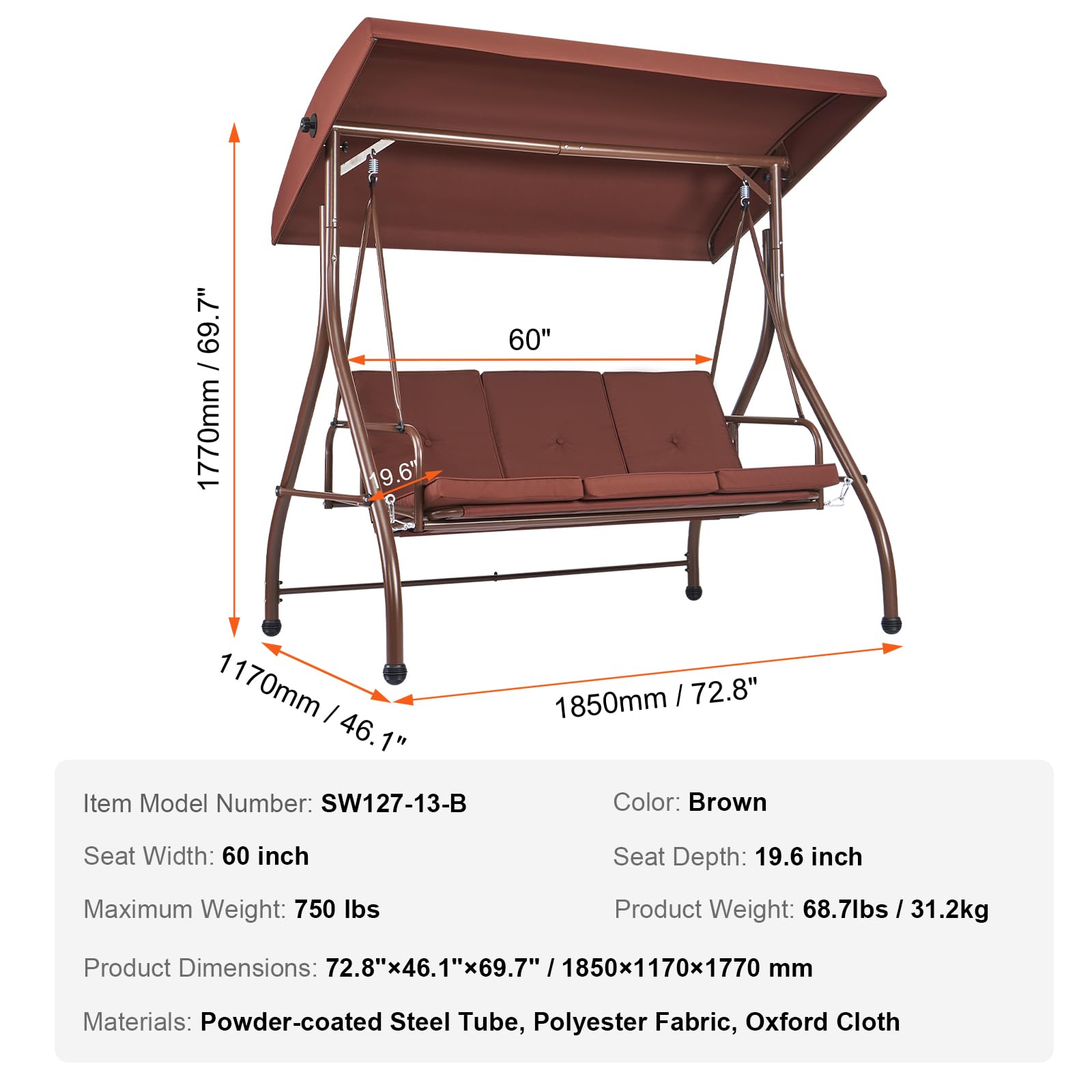 VEVOR 3-Seat Patio Swing Chair with Convertible Canopy - Outdoor Porch Swing with Adjustable Canopy, Removable Thick Cushions & Durable Alloy Steel Frame - Perfect for Balcony, Backyard, Poolside, Garden (Brown) | Relaxing Outdoor Seating for Lounging, Reading & Entertaining