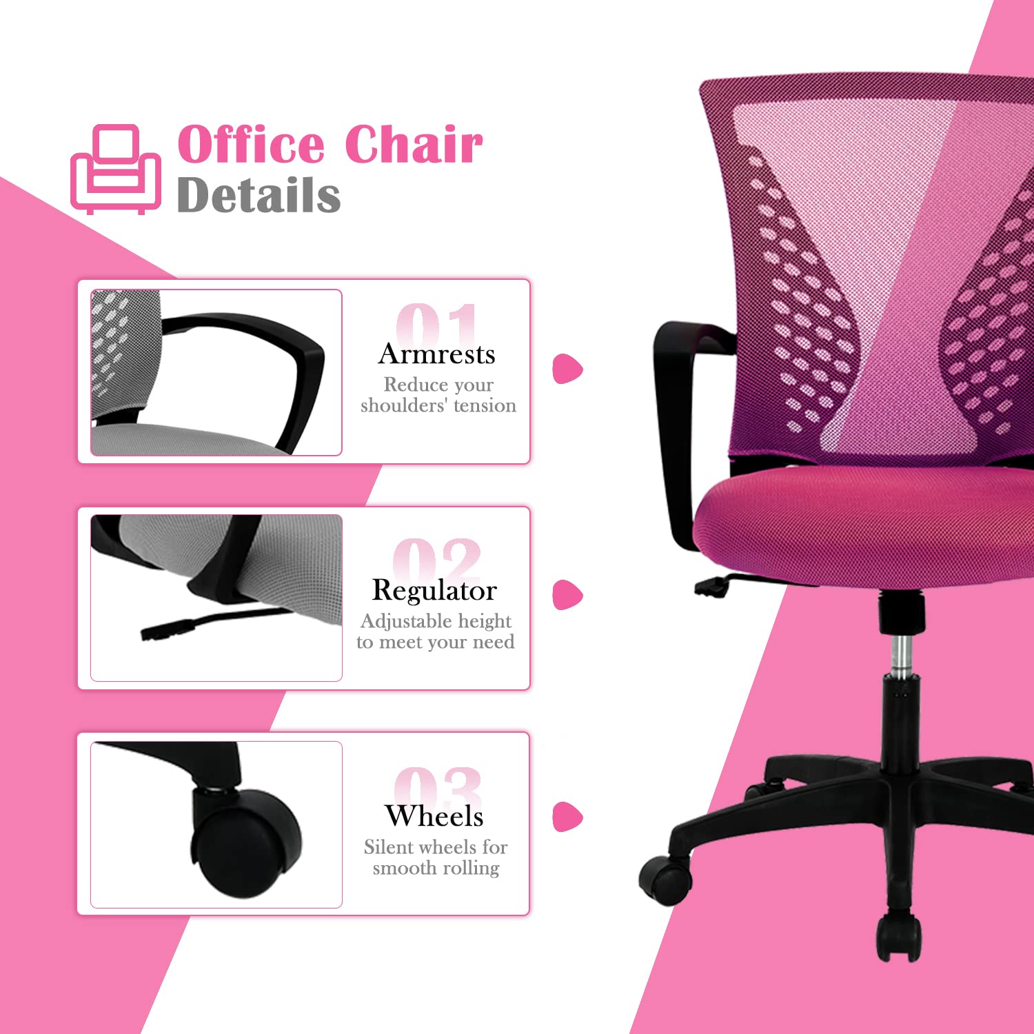 Ergonomic Office Chair for Women - Adjustable Mid Back Swivel Computer Chair with Lumbar Support & Armrests, Breathable Mesh Desk Chair for Home Office, Conference Room, and Workspaces - Perfect for Long Hours of Comfortable Working