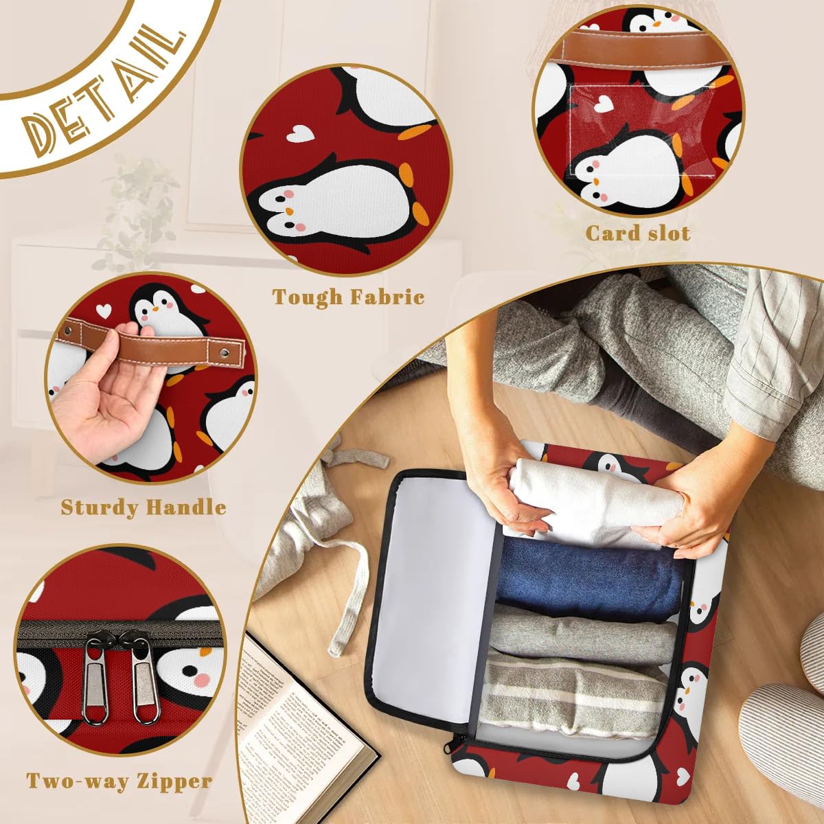 Cute Penguin Heart Cartoon Storage Bins with Zipper Lid - Foldable Fabric Storage Baskets for Clothes, Blankets & Toys - Collapsible Storage Box with Handles for Closet, Nursery & Home Organization